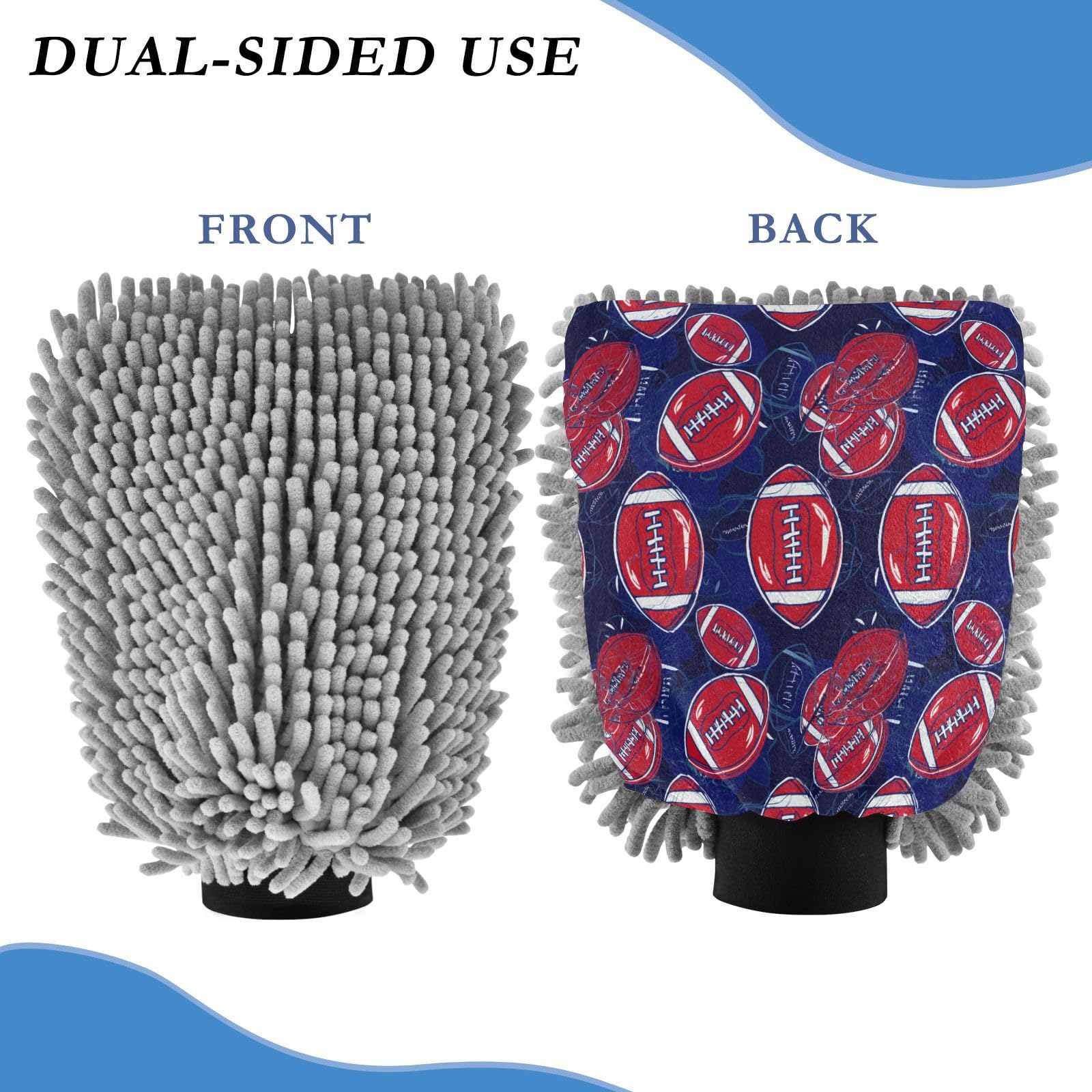 STAYTOP Rugby and Helmets Car Wash Mitt Microfiber, 2Pcs Scratch Free Lint-Free, Premium Chenille Microfiber Mitt Car Wash Brush-M