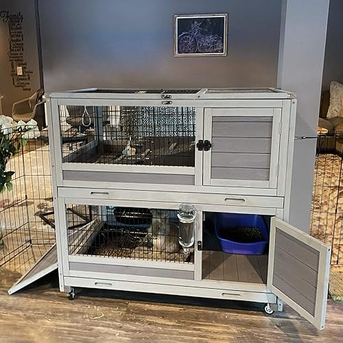 GUTINNEEN Bunny Hutch - Jaula grande para conejillos de indias con rueda, jaula para conejo al aire libre con piso de alambre inferior extraíble
