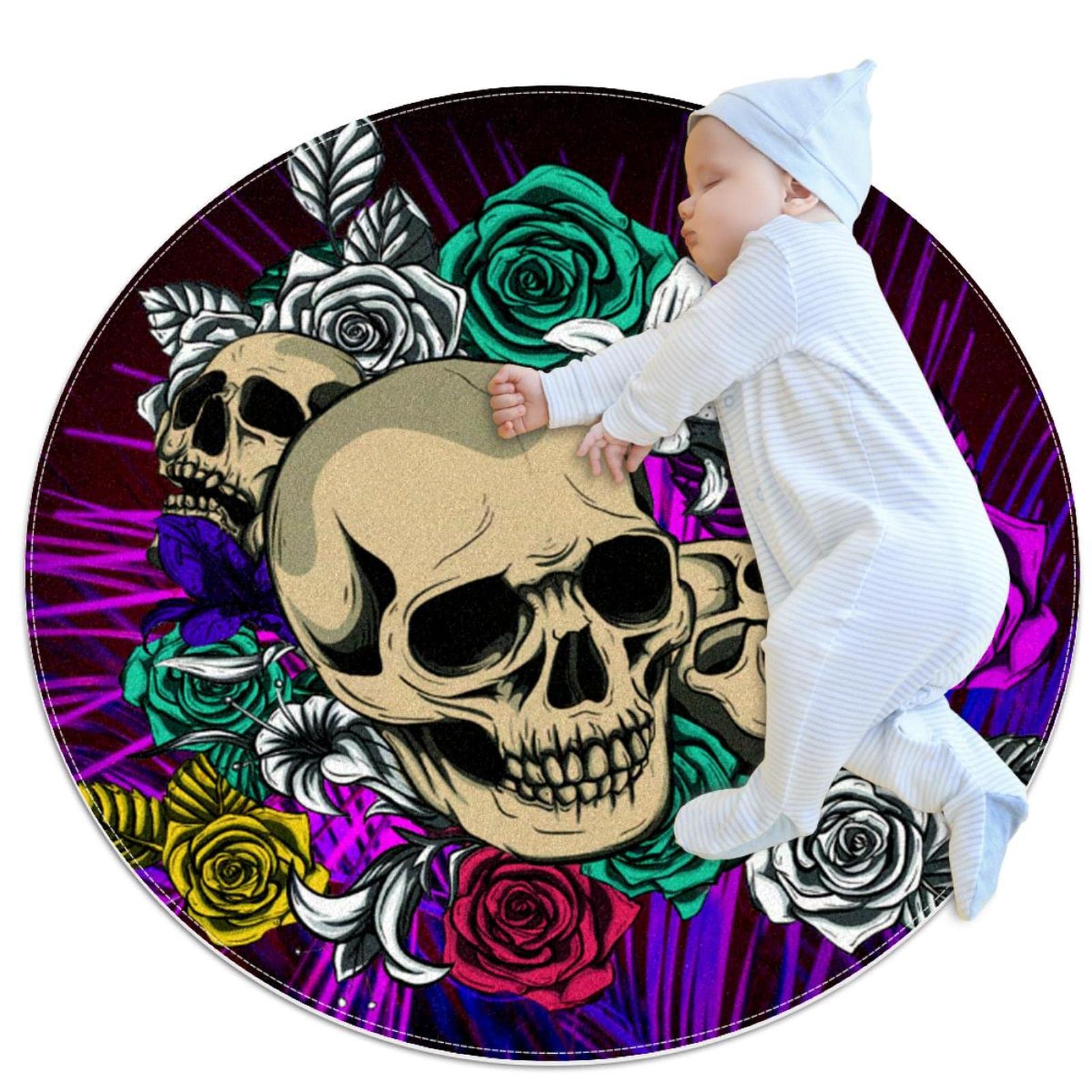 Tapis de salle de bain tête de mort et roses rond 1m antidérapant
