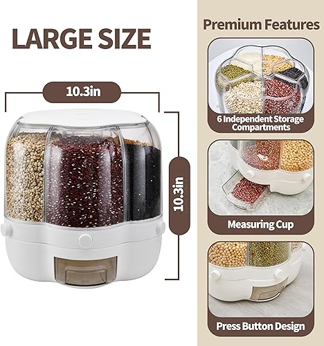 Miniatura 2 de Exquisite Home Dispensador de alimentos secos de 18 libras con 6 compartimentos, contenedor de arroz de rotación de 360, contenedor de