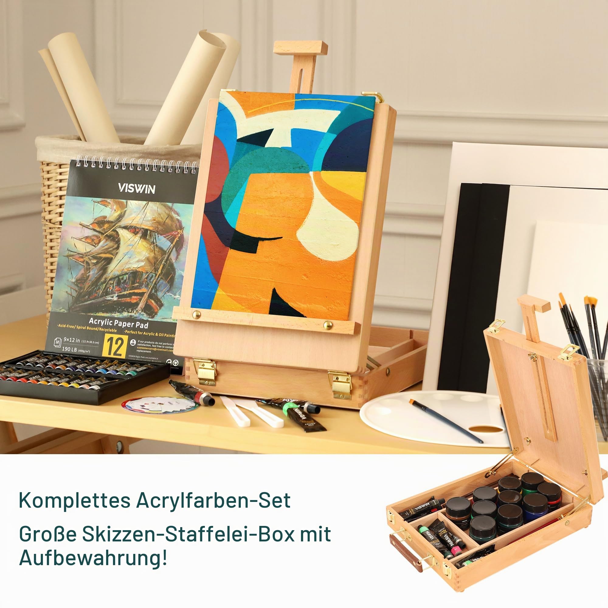 VISWIN 62-teiliges Acrylfarbe Set mit Staffeleikoffer, Malset mit 24 Acrylfarben, Leinwände, Pinsel & Block, Mal Set für Erwachsene, Kinder, Anfänger