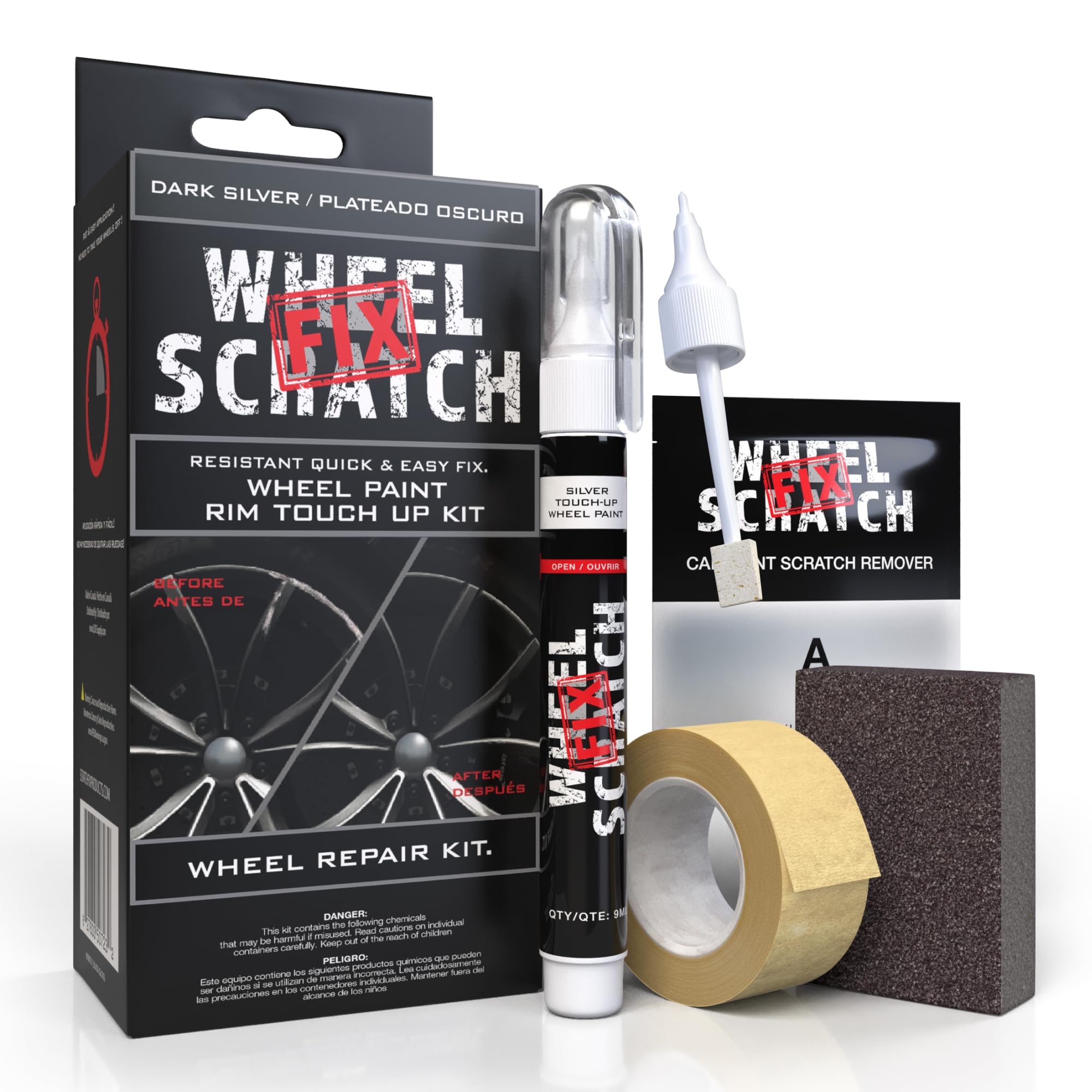 Wheel Scratch Fix® Dark Silver Touch Up Paint for Cars - DIY Alloy Wheel Repair Kit, Curb Rash Remover with Fast-Drying Pen - Long-Lasting OEM Finish Car Rim Paint for Scuffs and Chips at Home (Dark Silver)