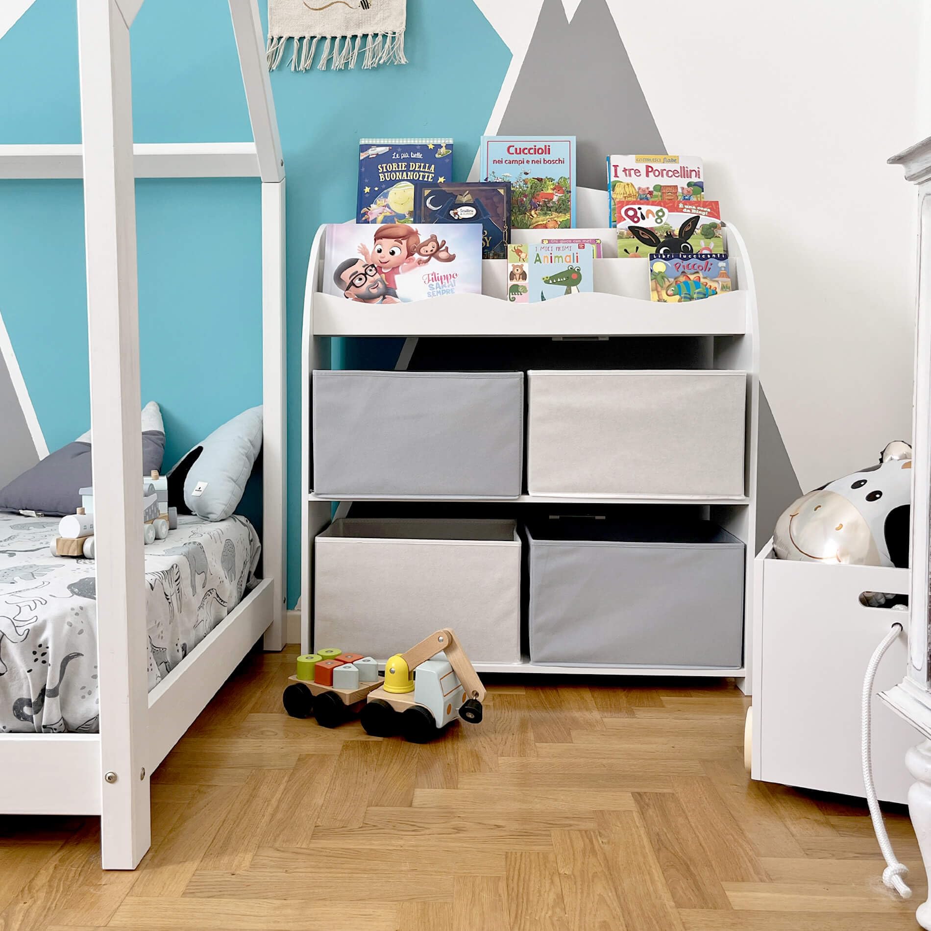 Rebecca Mobili Spielzeugregal, Kinderspielzeugregal, Weiß Grau, MDF TNT, Mit 4 Körben, Für Kinderzimmer - Maße HxBxT: 97,5 x 82,5 x 29,5 cm - Art. RE6846