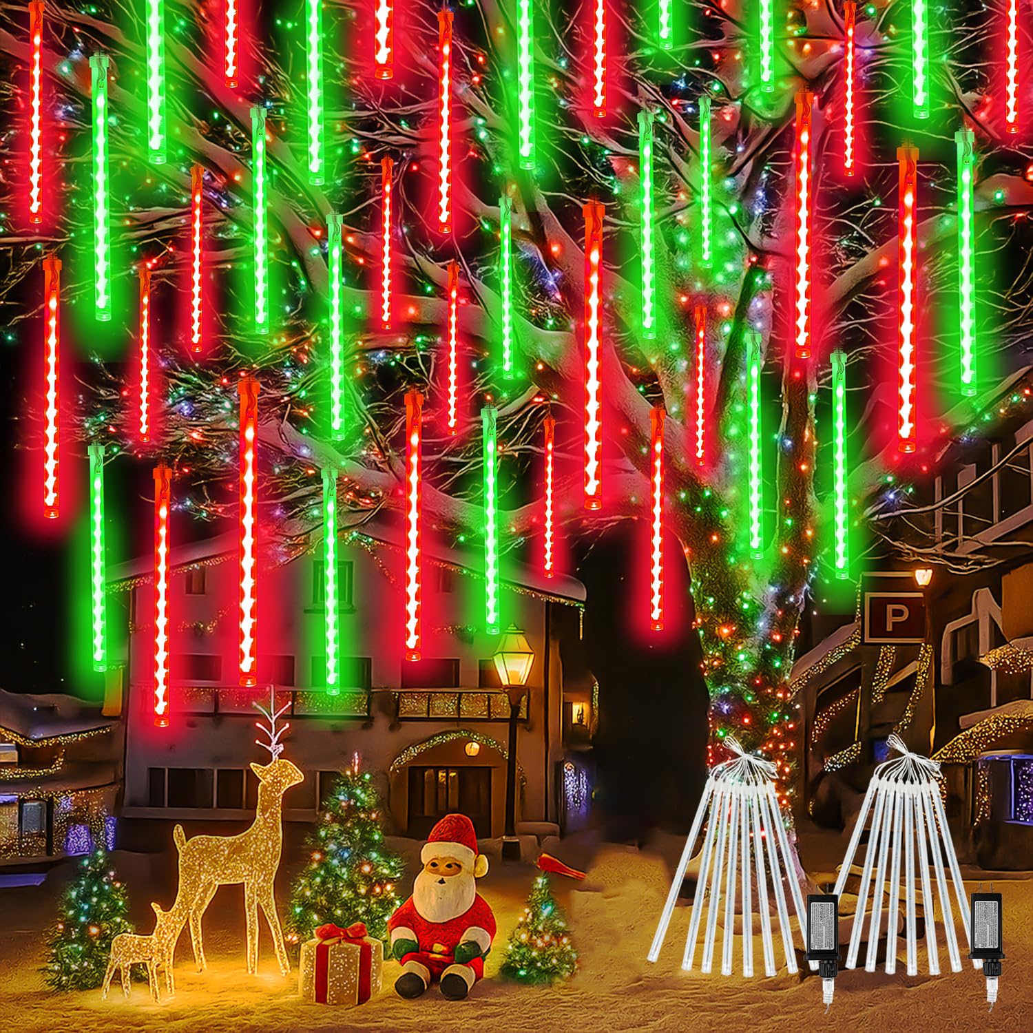 Photo 1 of 2 Pack Christmas Lights Outdoor 16 Tubes 384 LEDs Meteor Shower Rain Lights