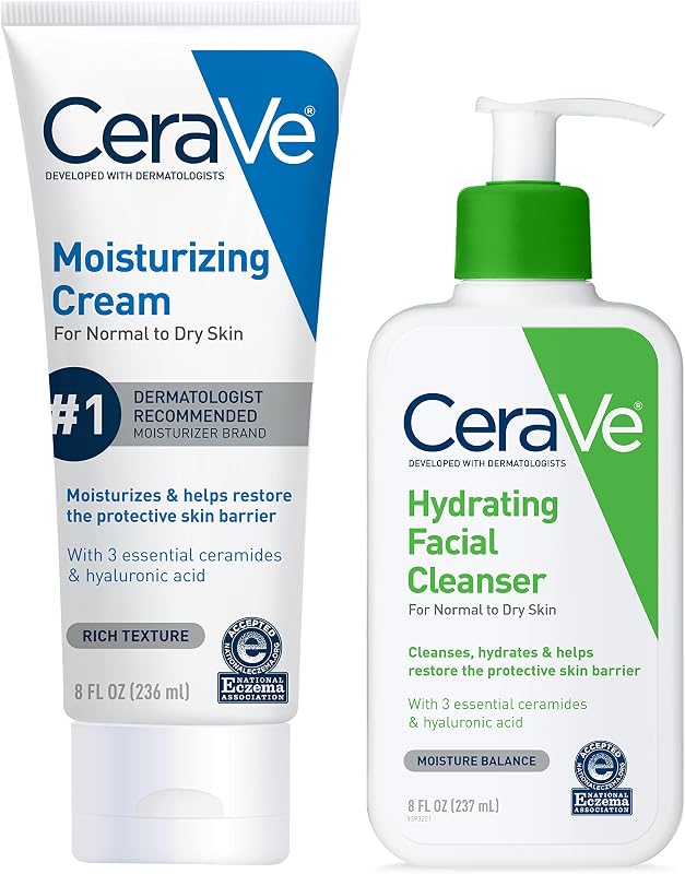 Skin Care Set, Moisturizing Cream & Hydrating Facial Cleanser | 8oz Cream & 8oz Facial Cleanser, Ceramides + Hyaluronic Acid Moisturizer & Face Wash, National Eczema Association Accepted
