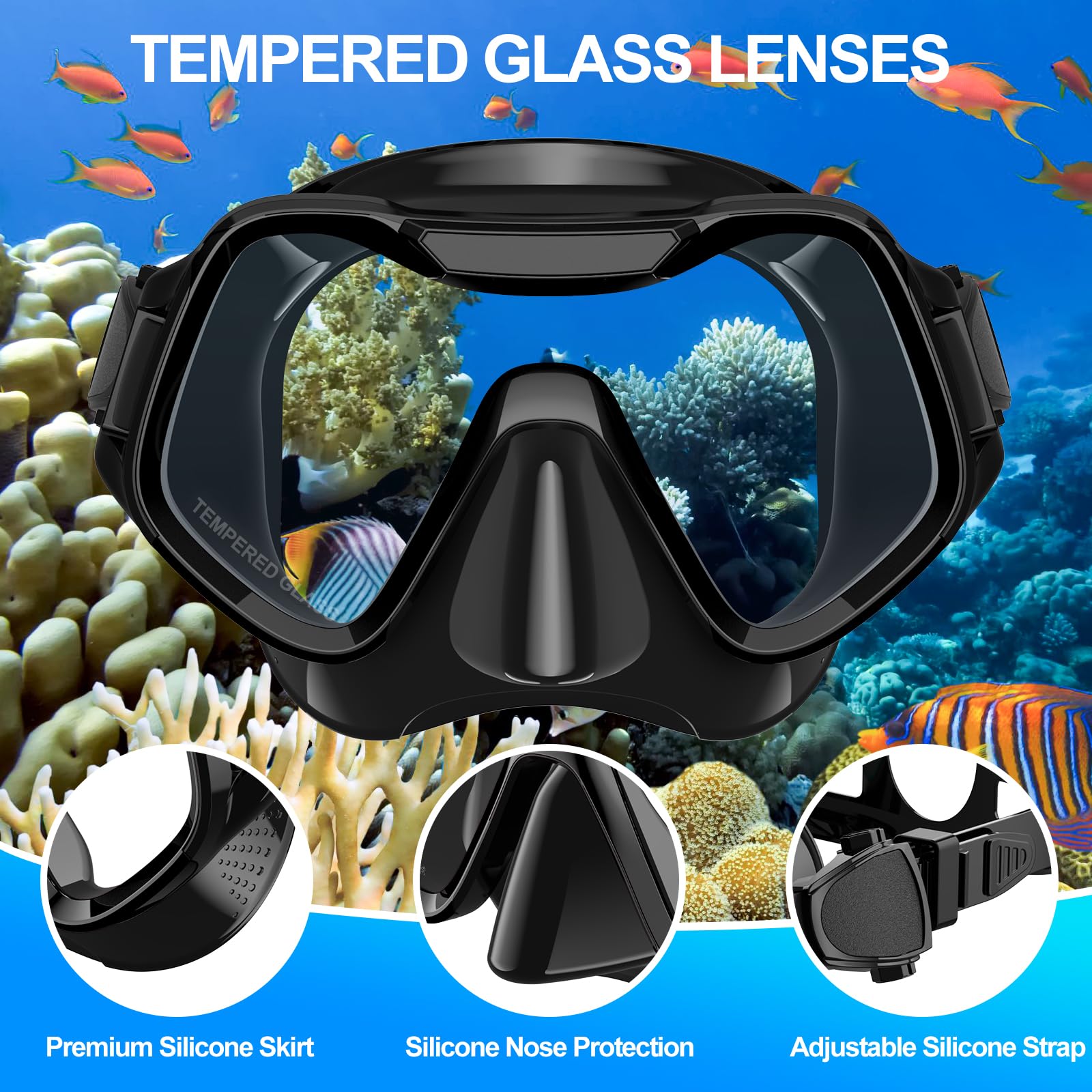 Maschera Subacquea Adulti, Tonfarb Maschera Snorkeling con Maschera e Boccaglio, Panoramica a 180 Gradi e Boccaglio Snorkel, Anti-Nebbia Antiperdita Maschera Sub per Giovani e Adulti