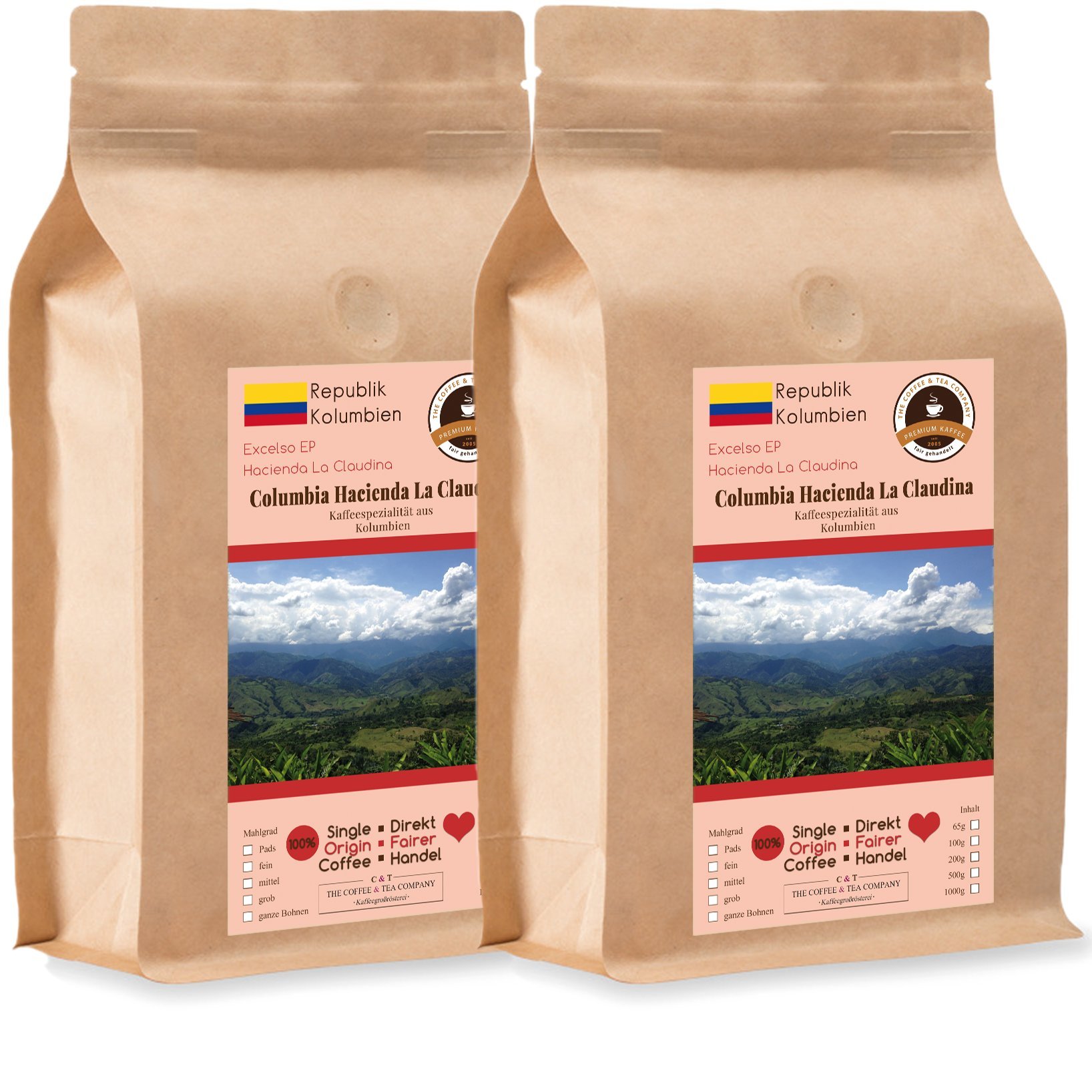 Kaffee Globetrotter - Kaffee Mit Herz - Colombia Hacienda La Claudina - 2 x 1000 g Grob Gemahlen - für Kaffee-Vollautomat, Kaffeemühle - Röstkaffee Fair Gehandelt | Nachfüllpack Sparpack