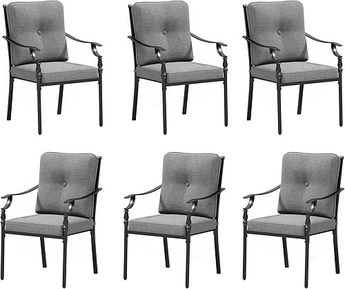 Miniatura 11 de PHI VILLA Juego de comedor al aire libre de 7 piezas para 6, mesa de comedor rectangular de acero negro con sillas fijas y giratorias de hierro,