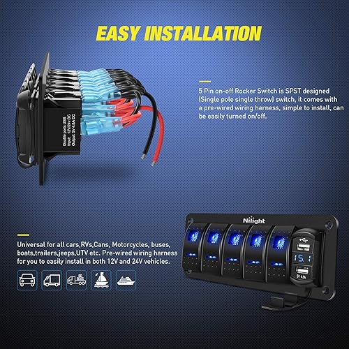 Miniatura 10 de Nilight Panel de interruptor basculante de 5 bandas, retroiluminado azul con PD tipo C y cargador USB, voltímetro impermeable de 12 V 24 V CC,