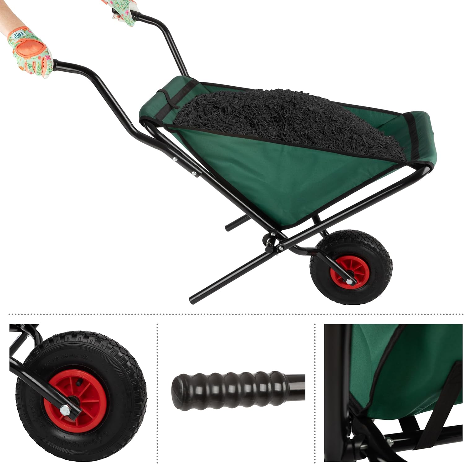 Folding Wheelbarrow - Collapsible Garden Cart with 80lb Capacity, Storage Pouches, and Padded Handles - Wheelbarrows for Lawn Care by Pure Garden (Green)