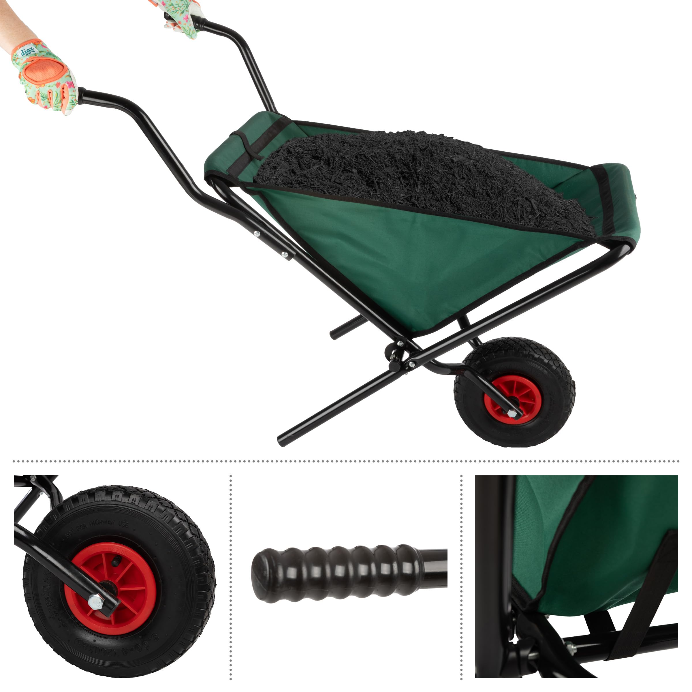 Pure Garden Składana taczka – składany wózek ogrodowy o pojemności 36,3 kg, kieszenie do przechowywania i wyściełane uchwyty – taczki do pielęgnacji trawnika (zielony)