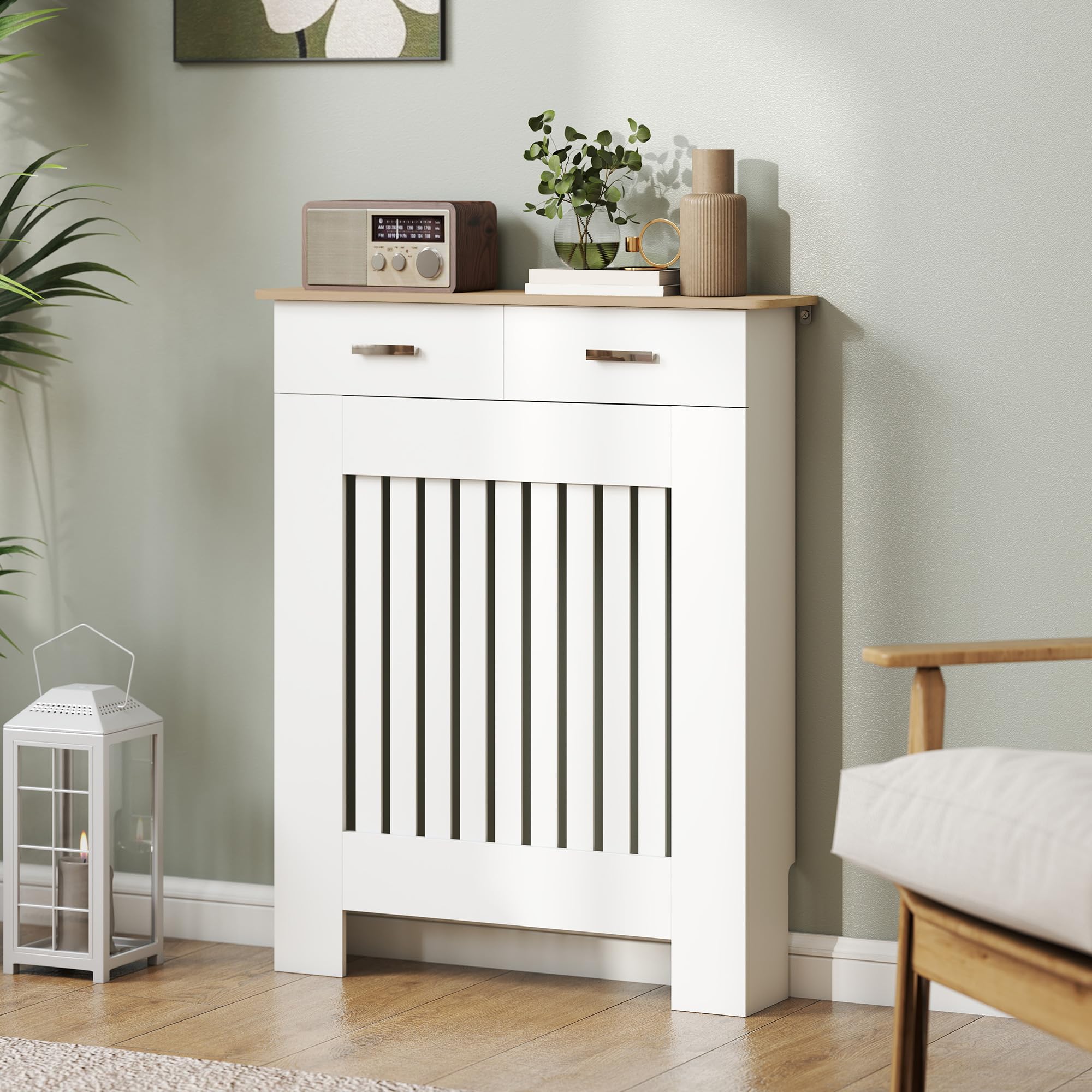 HOMCOM Copri Termosifone Moderno a Doghe Antiribaltamento con Cassetto Portaoggetti, Copritermosifone in Legno per Soggiorno, Corridoio e Ufficio, 78x19x97 cm, Bianco