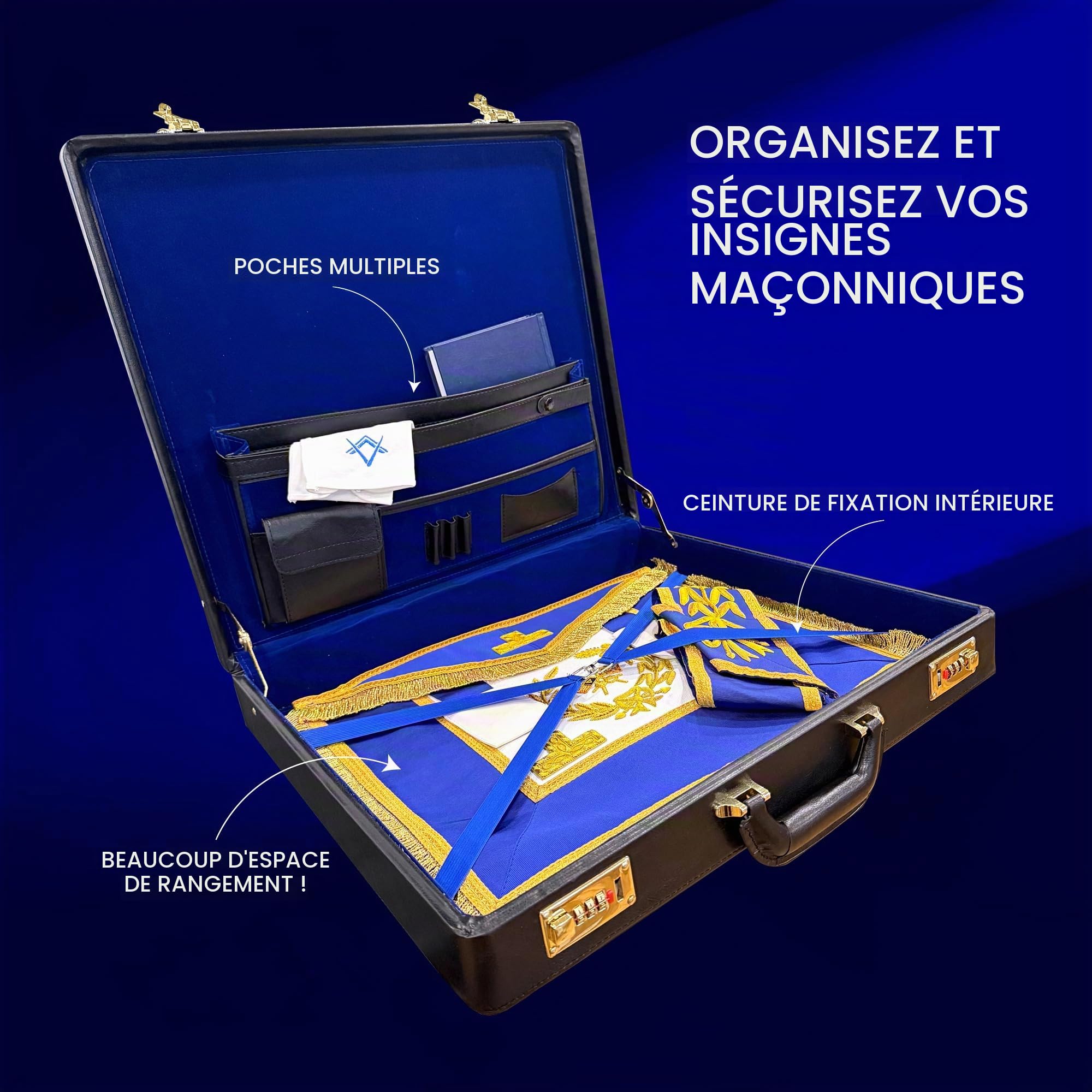 THE MASONIC COLLECTION Mallette classique Layflat Grand Rank - Noir - Étui Regalia en simili cuir avec serrure - Cadeau personnalisé pour homme