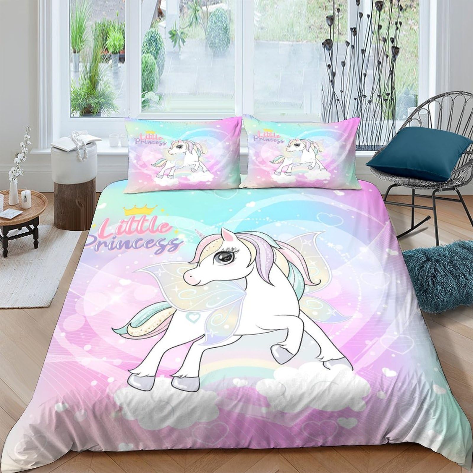 GPLZQXKJNH 3D Printed Unicorn Rainbow Duvet Cover Microfiber Soft Breathable Bedding Set with 2 Pillowcases for Bedroom Decor Single（135x200cm）