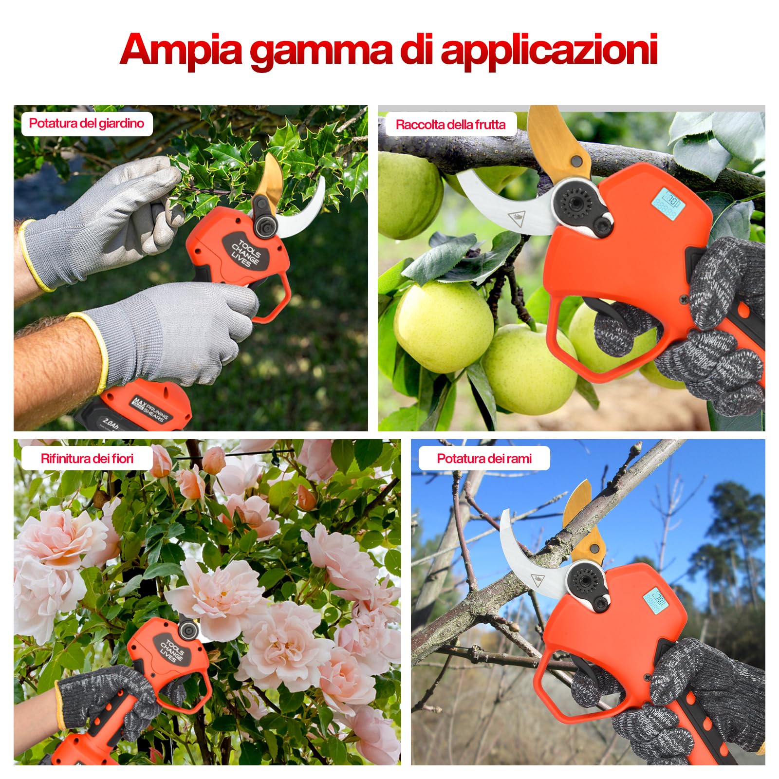 Forbici Potatura a Batteria 50mm 2 x 2000 mAh Brushless 800W | Forbici Elettriche Lama SK5 Schermo LCD Cesoie Elettriche Professionali Regolabile 30-50mm per Potatura Giardino Olivo Ulivo