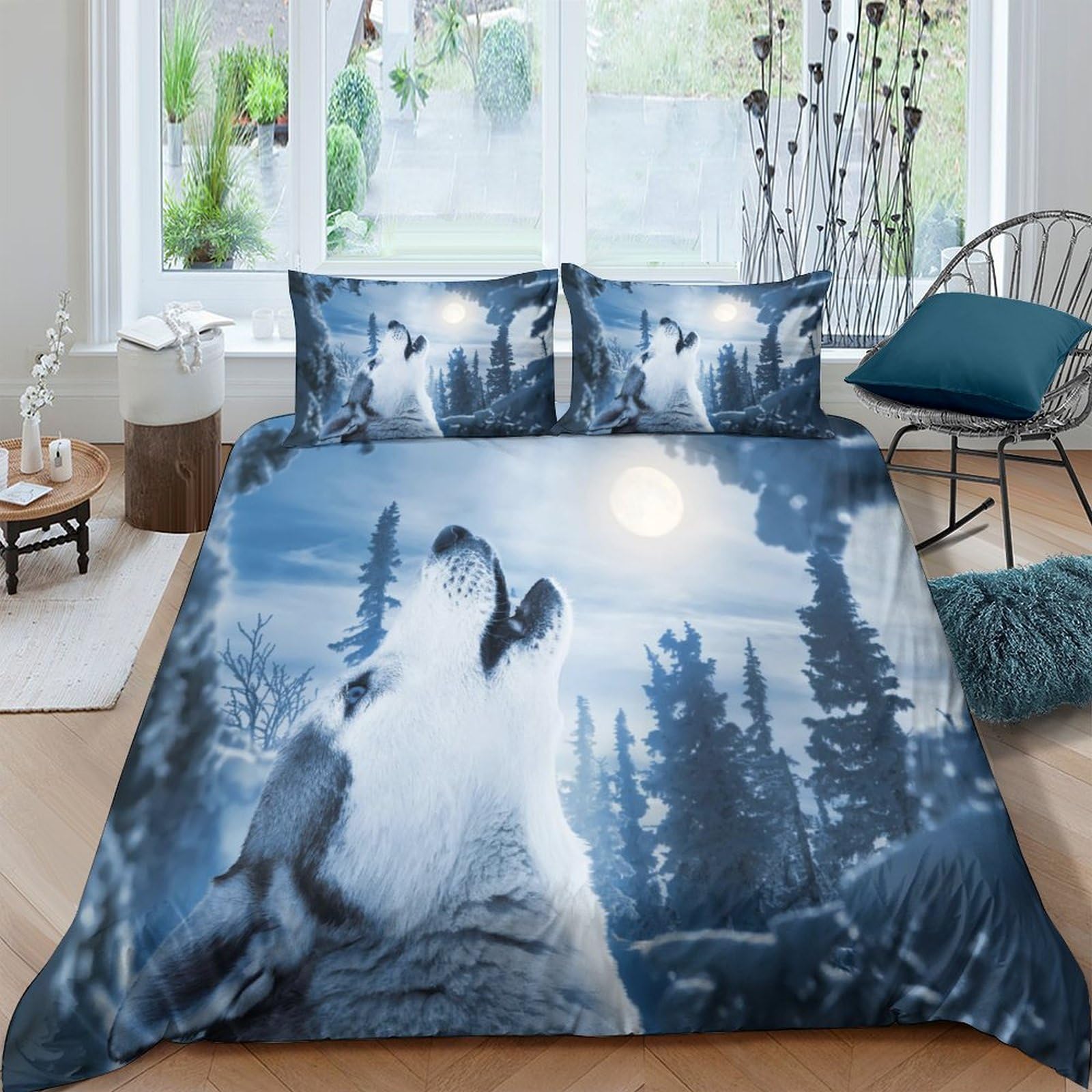 Ctjqhvkz Style-4 3D Printed Wolf Forest Fitted Sheet Microfiber Soft Breathable Moon Landscape Mattress Cover Bedroom Decor Single（135X200cm）