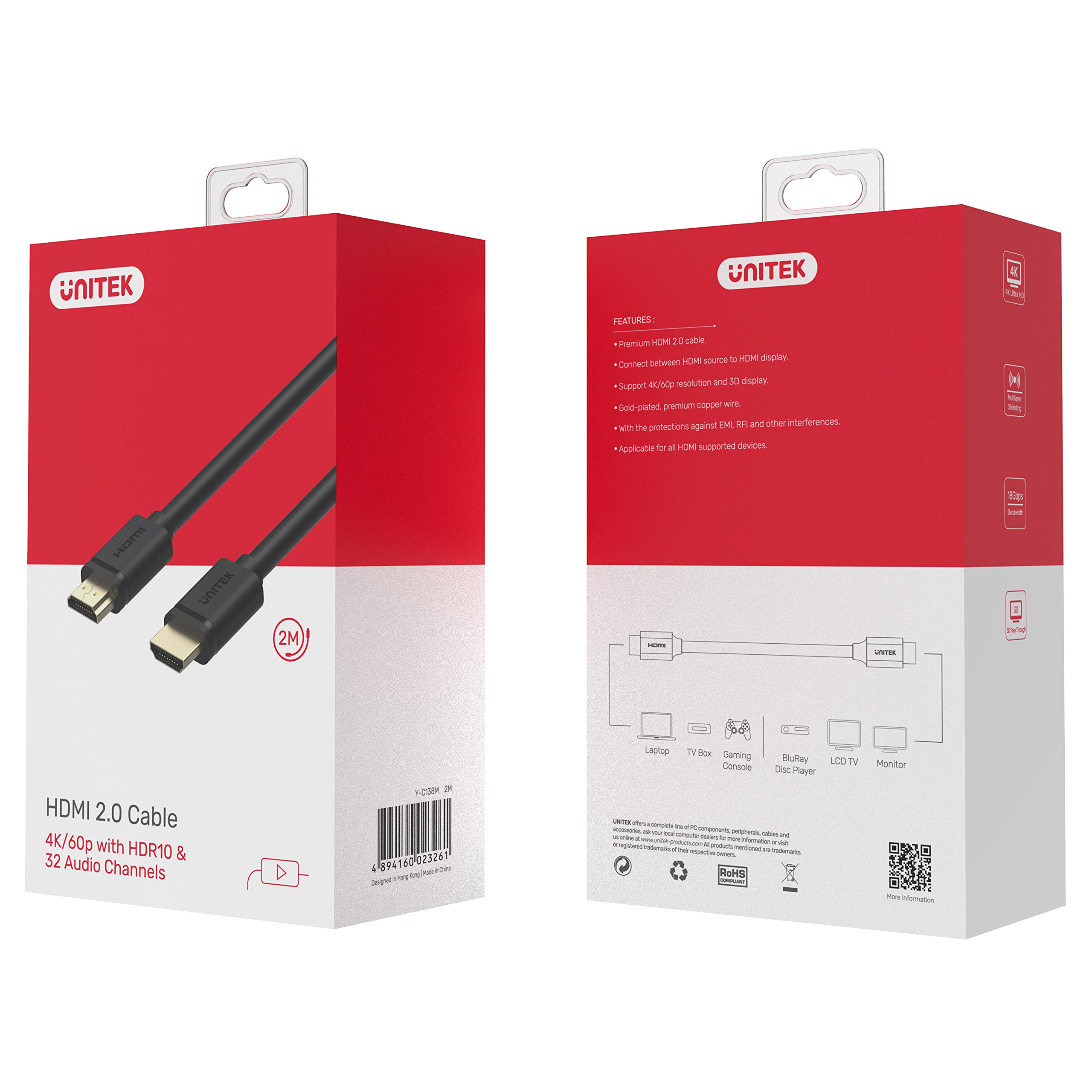 UNITEK BASIC kabel HDMI / 2 metry, czarny/licencja HDMI/Full HD, 2K, 4K, 3D i inne/Ethernet idealny do PlayStation, Xbox, TV, PC/Y-C138M