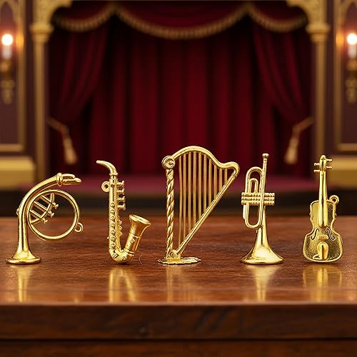 Miniatura 8 de Juego de mini instrumentos musicales en miniatura, adornos dorados para árbol de Navidad, colección de mini instrumentos con guitarra pequeña,