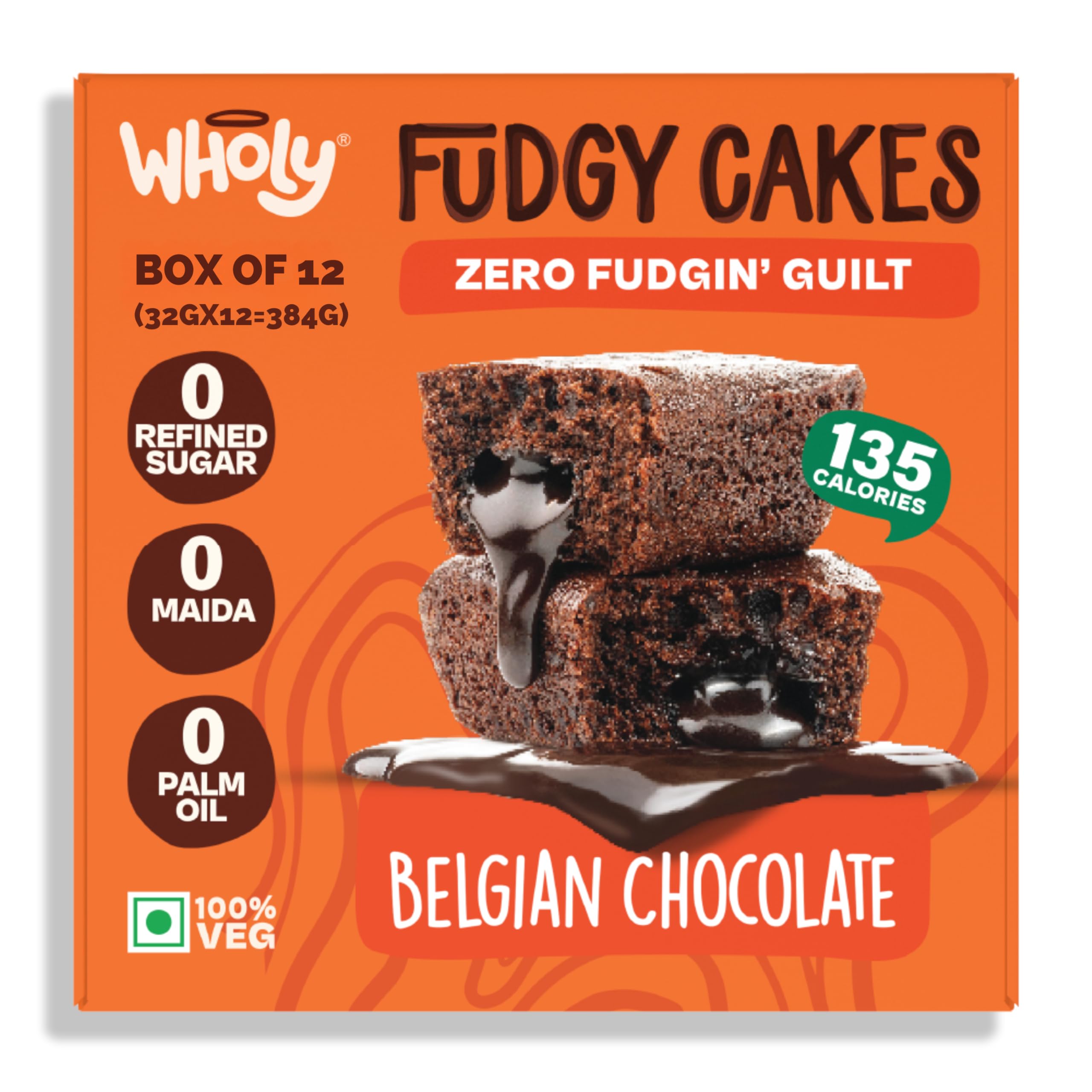 Wholy Belgian Chocolate Fudgy Center Filled Eggless Cake | Baked with Jaggery | No Maida | No Palm Oil | No Preservatives | High Fiber | Low Cal | Wholegrain | Moist Snack Cake - 32g (Pack Of 12)