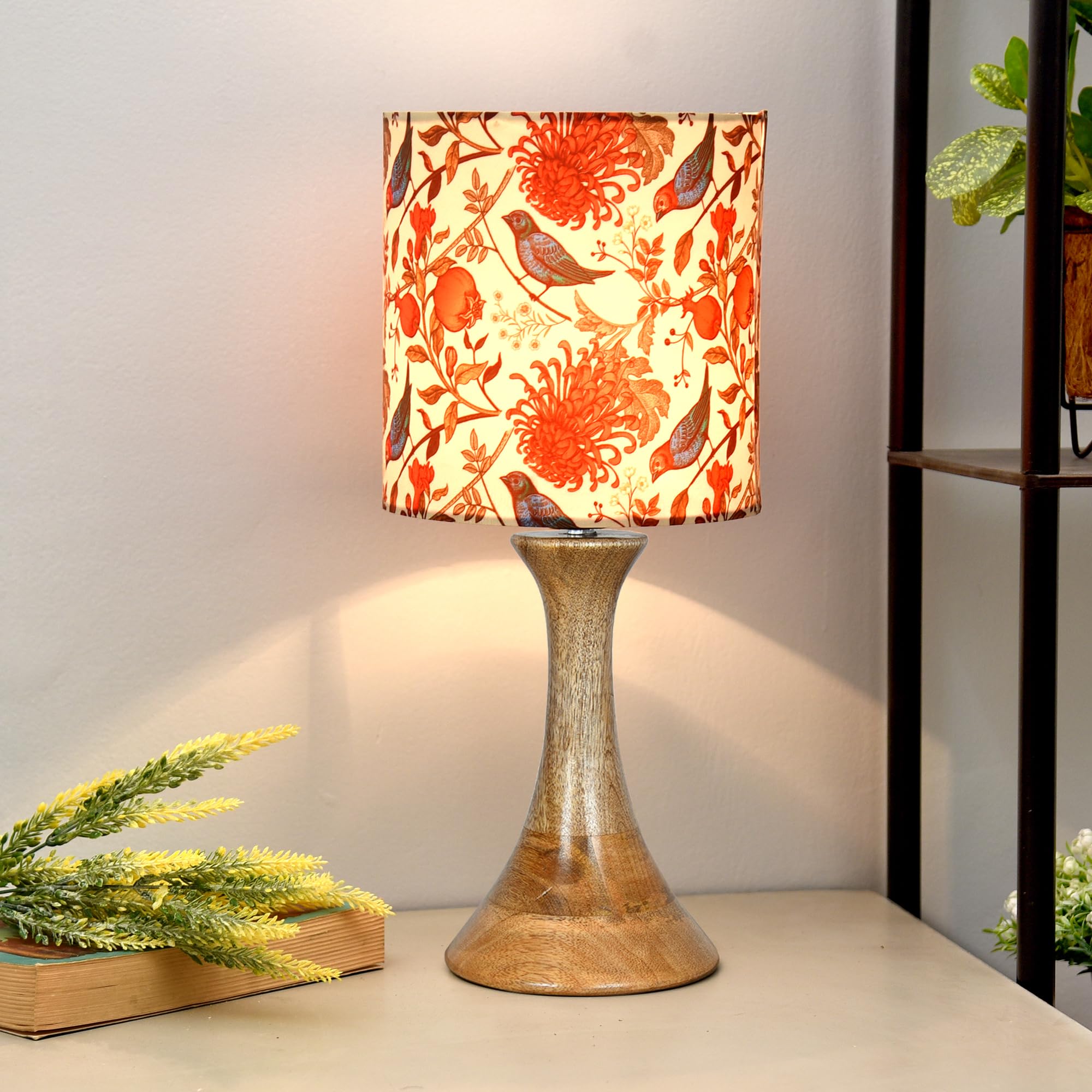 Homesake® Rustic Wood Table Lamp Bedside Wooden Desk Lamps for Living Bedroom Study Night, House Warming Diwali Gift, Fabric Shade (Red)-image-49