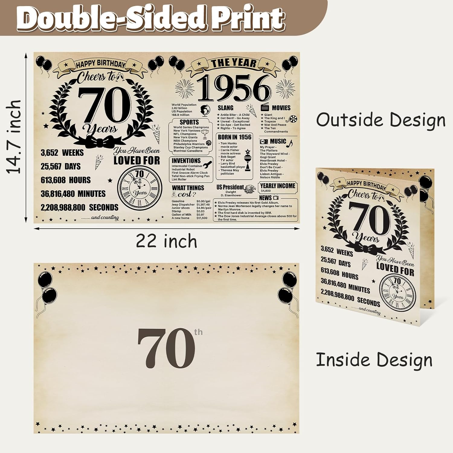 Large 70th Birthday Cards for Men Women, Vintage 1956 Happy 70th Birthday Greeting Card with Envelope Jumbo Seventy Guest Book Cheers to 70 Years Decorations Gifts Party Supplies - Image 2