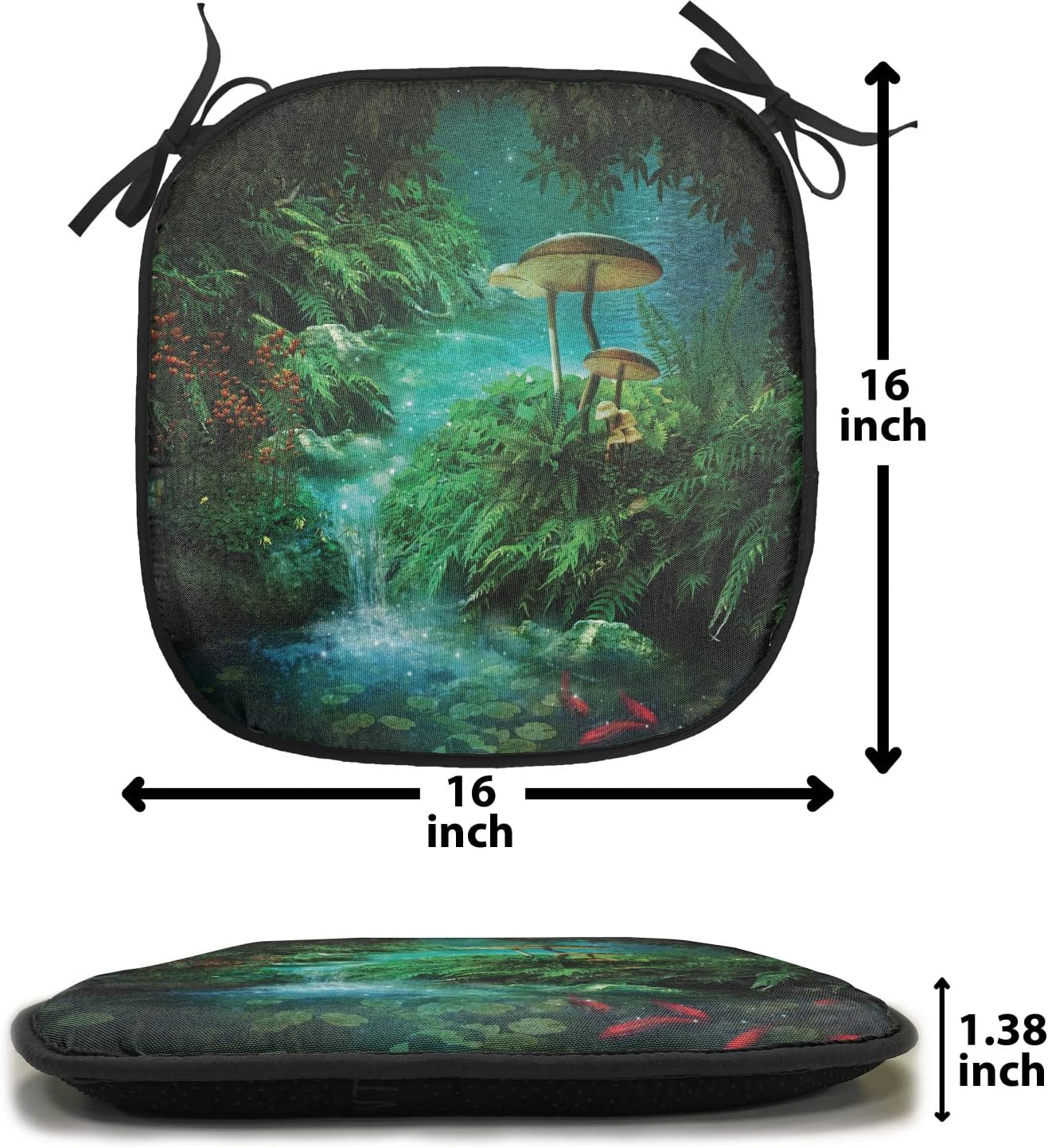 Lunarable Fantasy Chair Cushion Pads Set of 2, View of Surreal River Pond and Fishes Mushroom in Jungle Trees Print, Anti-Slip Seat Padding for Kitchen & Patio, 16"x16", Green Teal and Red