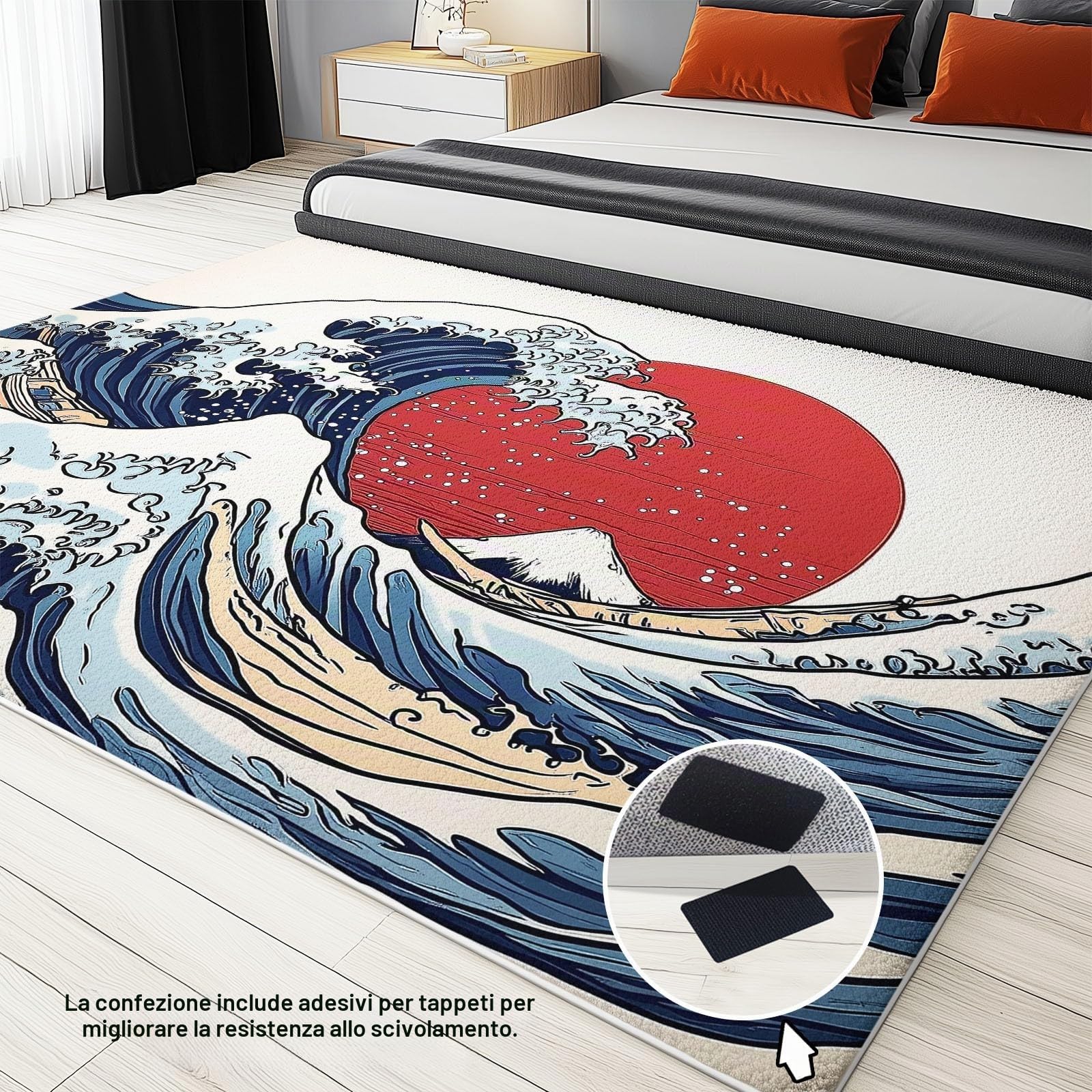 Stile Giapponese Cartone Animato Tappeto Lavabile Antiscivolo Morbido a Pelo Corto in Blu Rosso con Onde Stampate - Decorazione 80 x 150 cm per Soggiorno, Camera da Letto e Sala da Pranzo