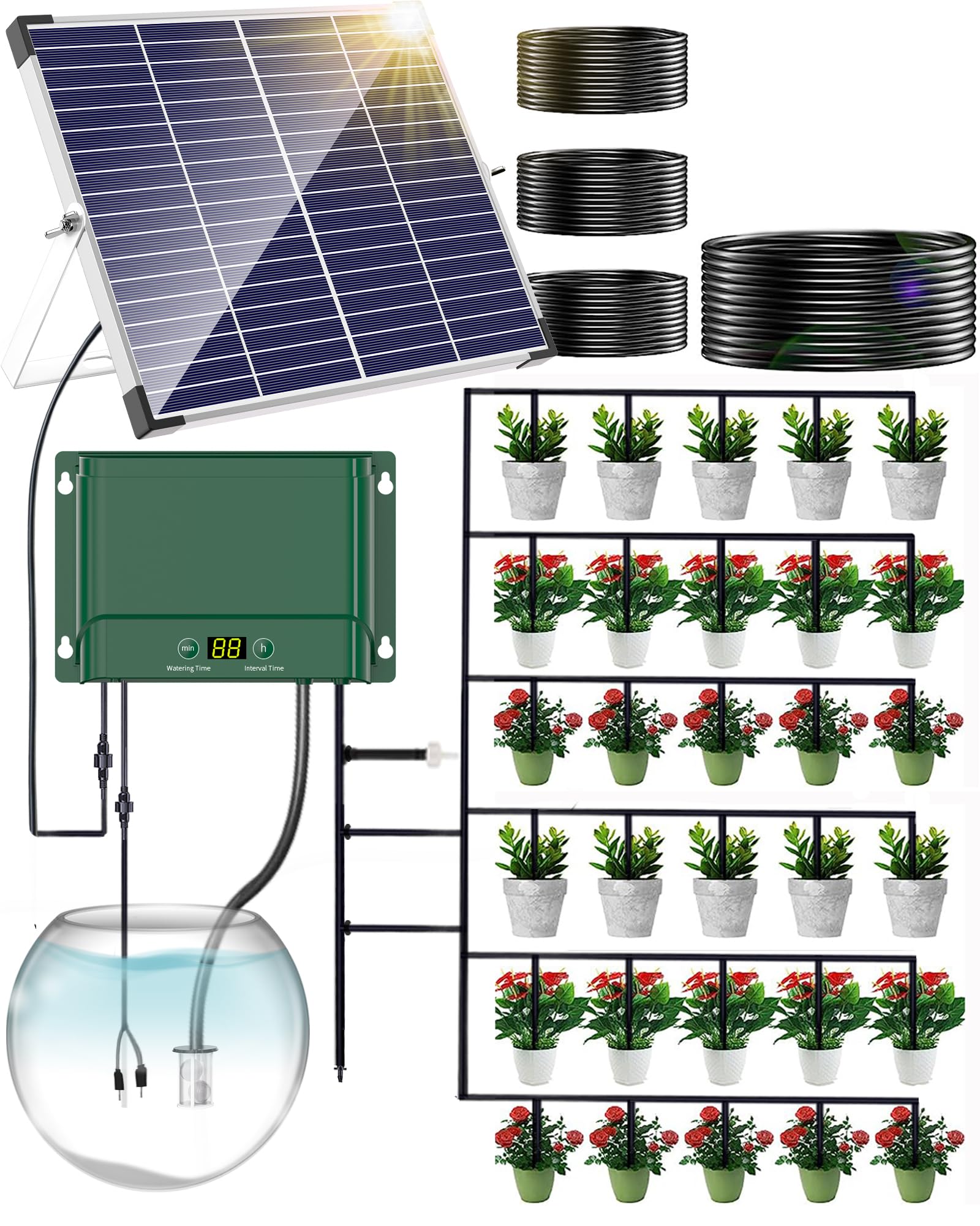 NFESOLAR Solar Drip Irrigation System, Automatic Watering System for 30 Potted Plants, 10W Self Watering Kits with Timer Irrigating Raised Beds Greenhouses Vegetable Gardens Balcony and Hanging Plants