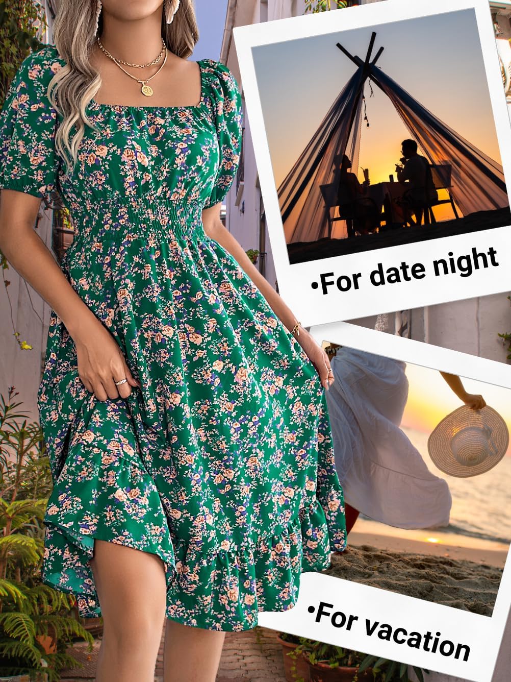 Floral Dress for Women, Puff Sleeve A Line, Spring Tea Party, Knee Length Casual Flowy Milkmaid Boho Flower - Image 7