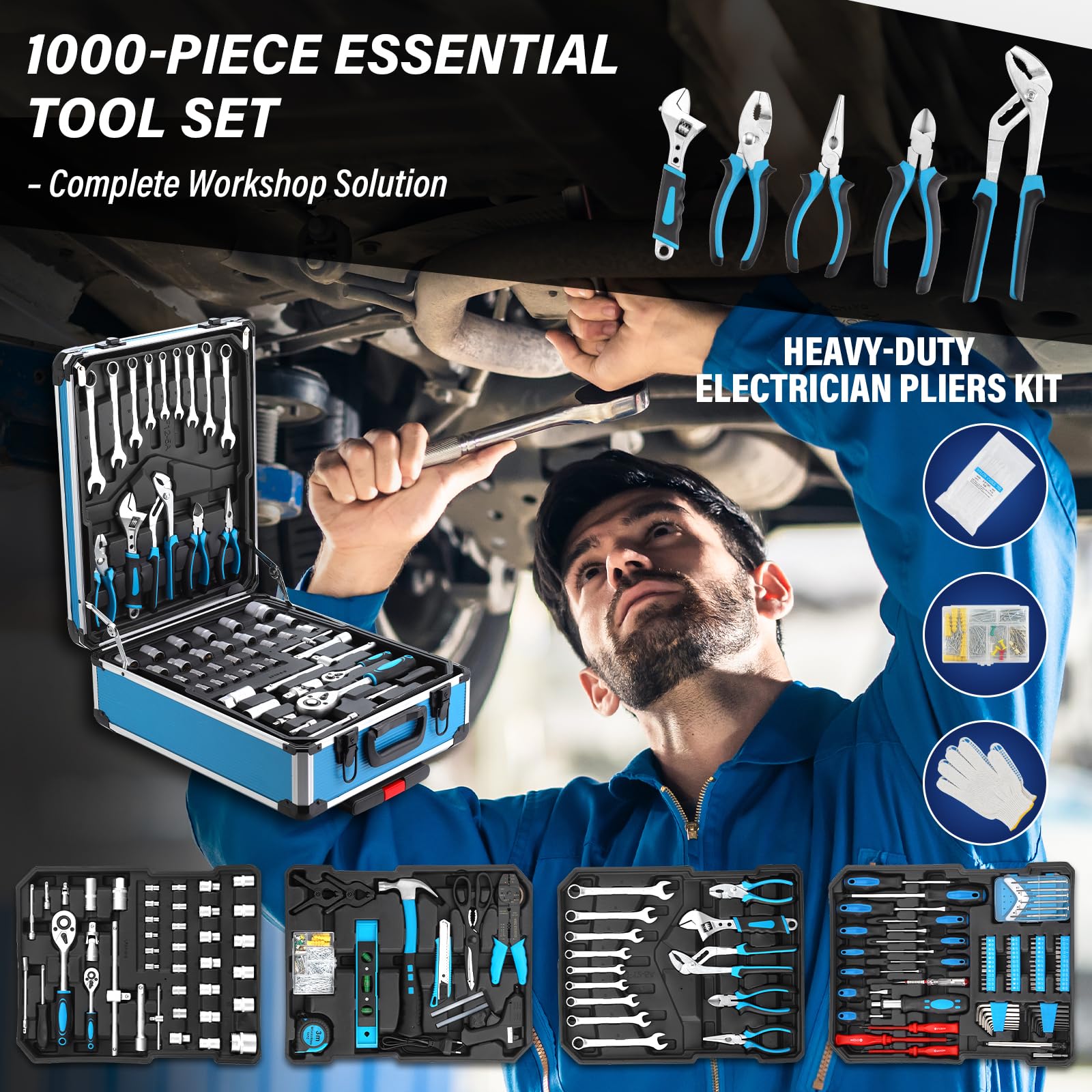 TEENO Boite à Outils | 1000 Pièces | Caisse a Outil en Chrome Vanadium | Outil Multifonction avec Valise Aluminium et Poignée Télescopique | Malette Outils Roulante pour Maison et Auto