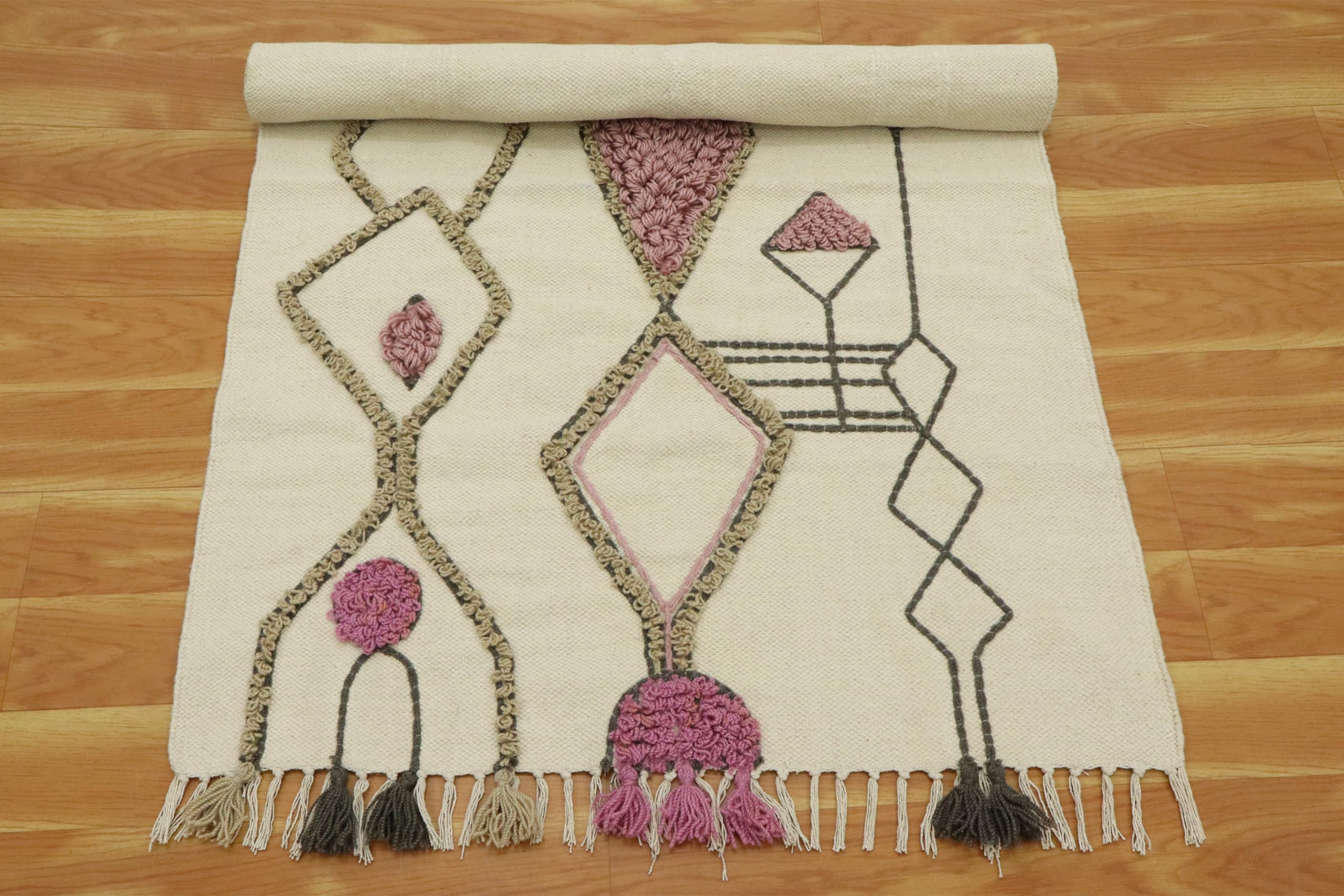 Kelim Läufer, handbedruckt, Baumwolle, Dhurrie-Stickerei, Beige, mehrfarbig, marokkanisches Design, handwaschbar, 0,5 cm dick, Flachgewebe, Teppiche für Flur, Treppenhäuser, Korridor, 15,2 x