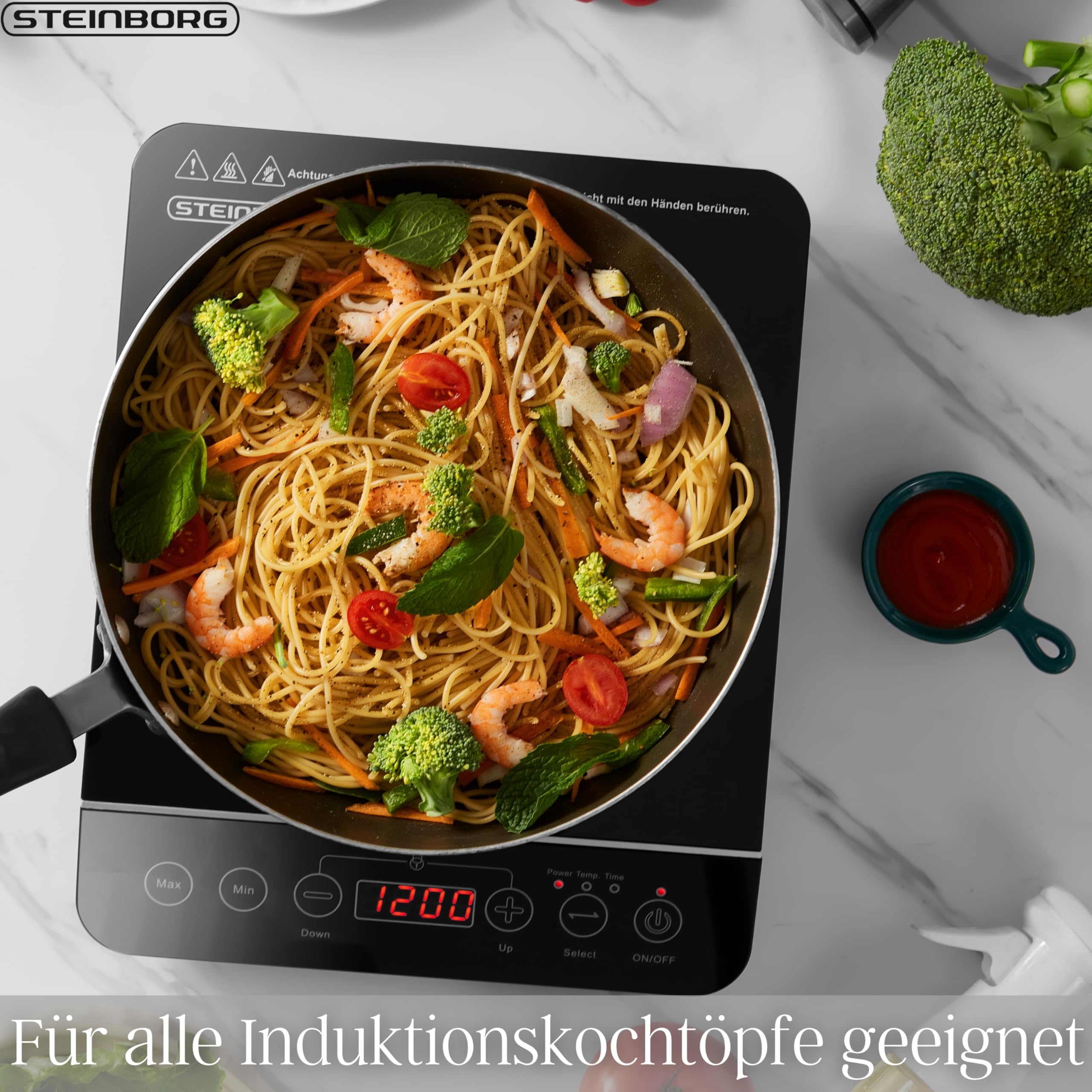 Steinborg® Induktionskochplatte Induktionskochfeld 1 Platte 2000 Watt Automatikprogramme Herdplatte Kochplatte Induktion Induktionsherd Touch Bedienfeld Kindersicherung Induktionsplatte