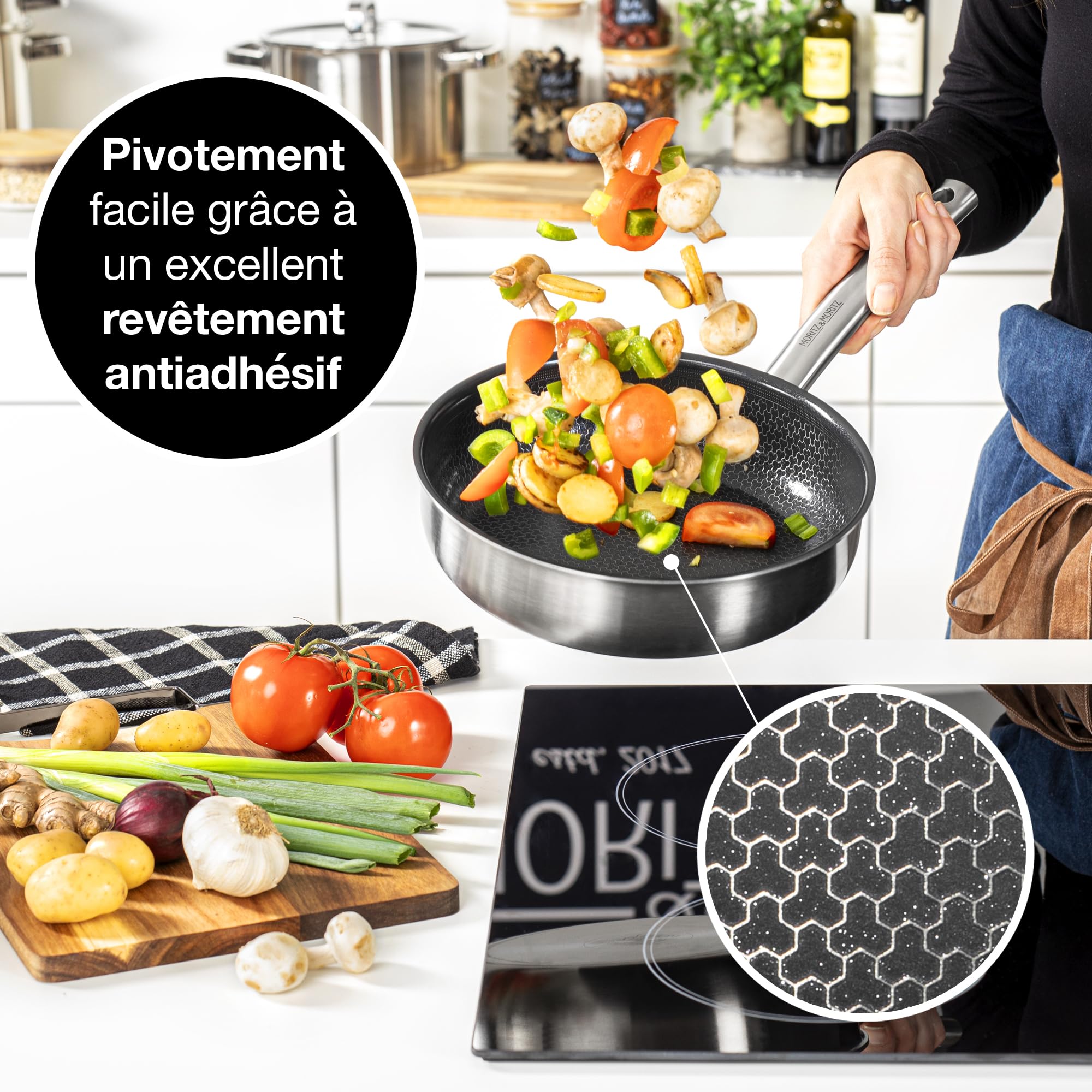 Moritz & Moritz Poele 24 cm Induction Structure Alvéolaire avec Revêtement Céramique - A tous les types de Cuisinières - Poele anti adhesive Induction pour Cuisiner, Rôtir et Mijoter