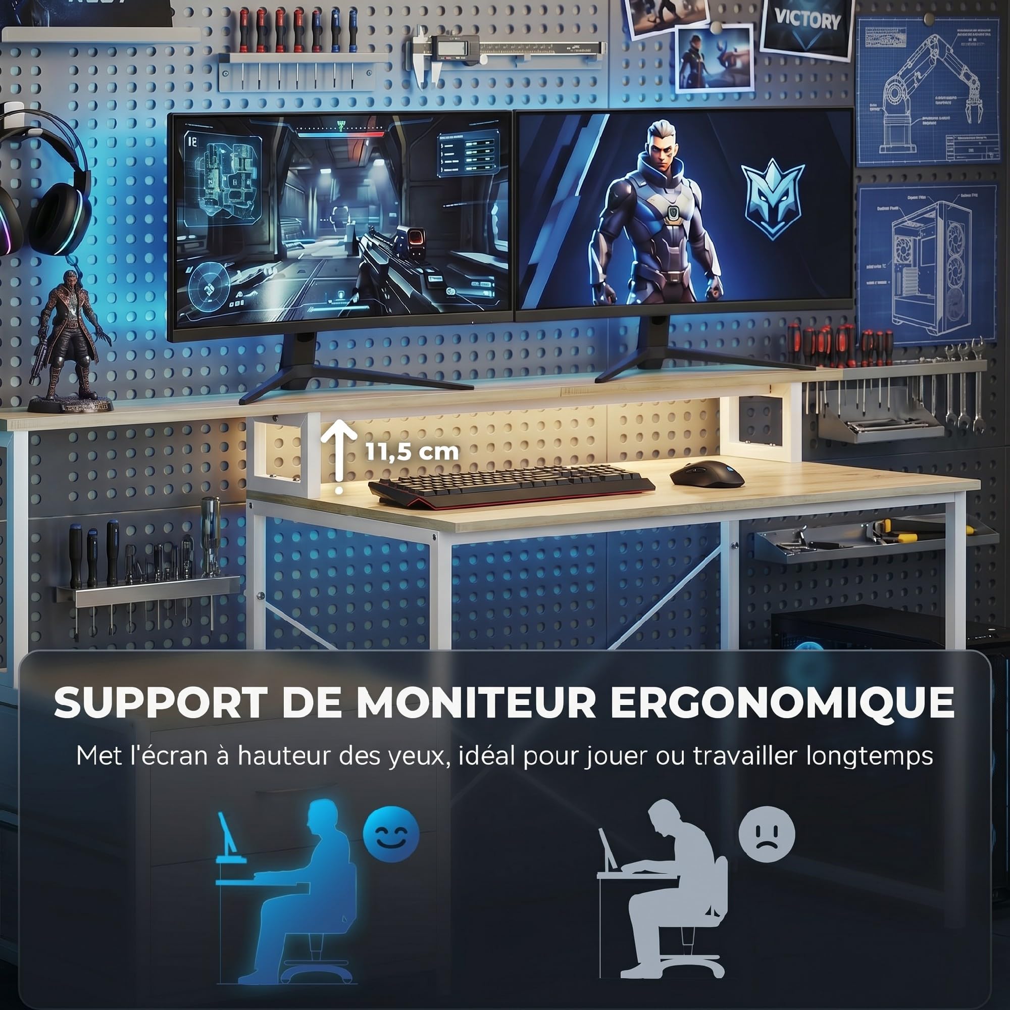 HOMCOM Bureau d'angle avec Prises et Lumières LED RGB 172x100cm Blanc