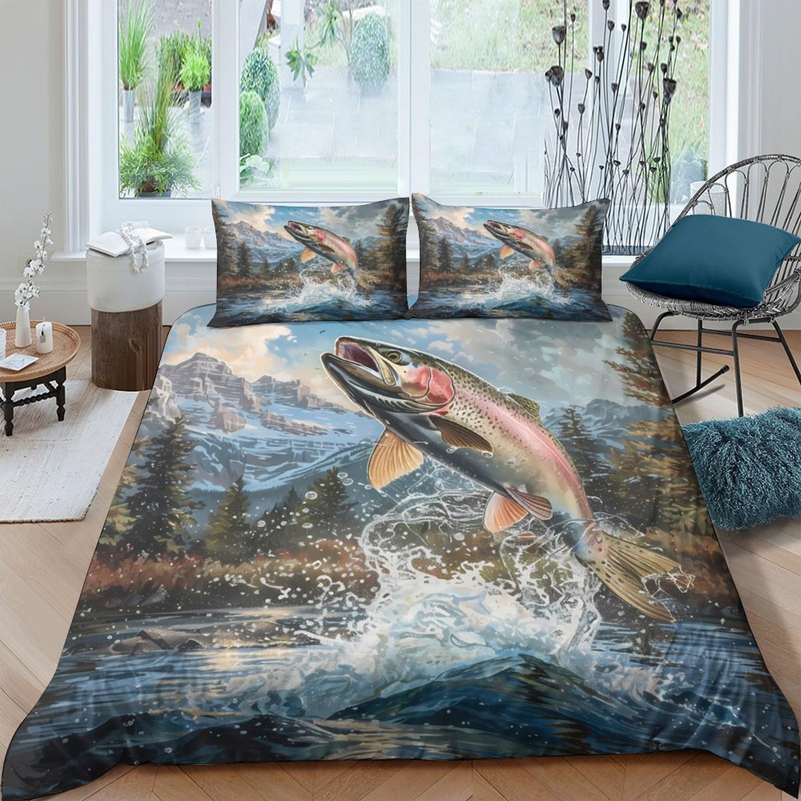 Ctjqhvkz Style-2 3D Printed Jumping Trout Fitted Sheet Microfiber Nature River Landscape Bed Cover Anti-Slip Machine Washable Bedroom Decor Single（135X200cm）