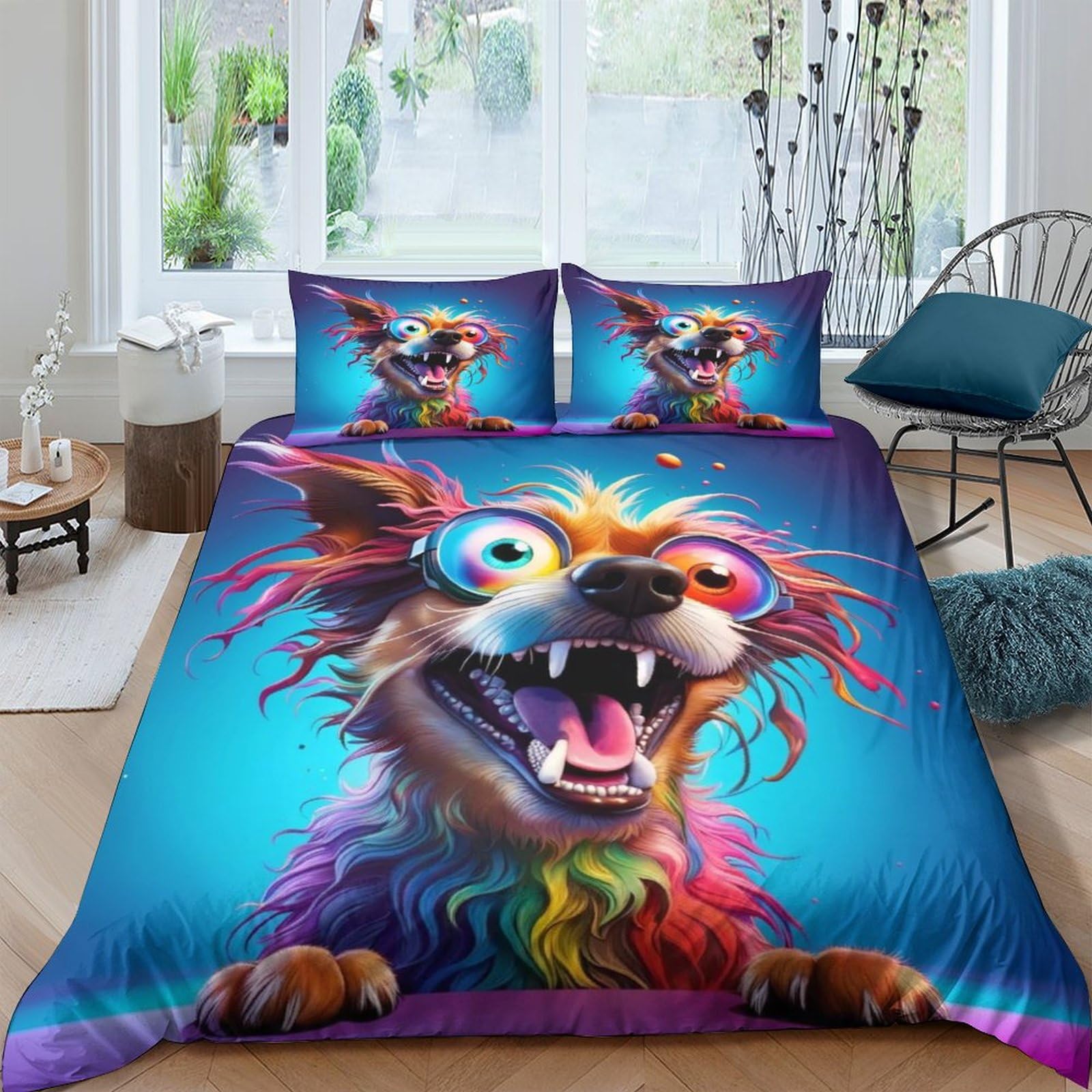 Housse de couette chien 3D en microfibre 3 pièces pour lit double 200x200 cm avec taies d'oreiller