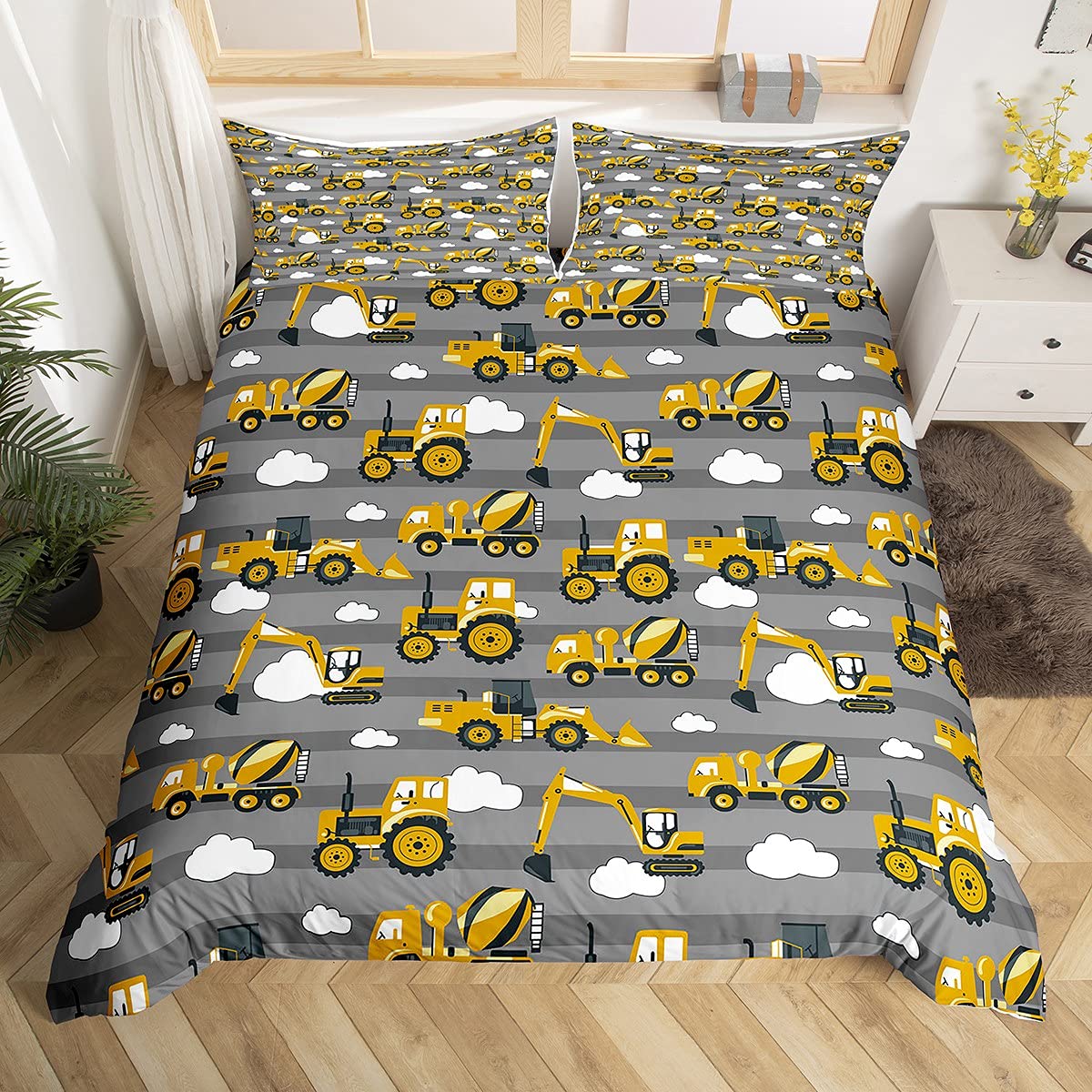 Juego de Funda de edredón para niños Excavadora de Dibujos Animados de camión Amarillo para grúa, Juego de Ropa de Cama para Tractor, 2 Unidades de tamaño Individual