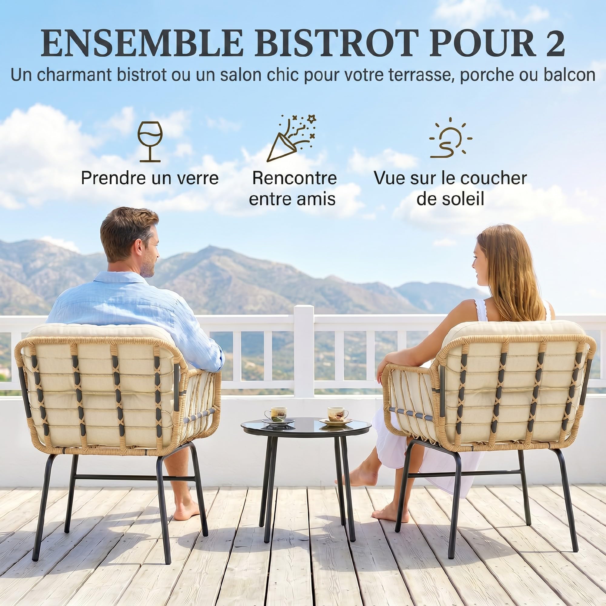 Outsunny Salon de Jardin Extérieur 3 Pièces en Résine Tressée avec 2 Fauteuils et 2 Coussins, Table Basse en Verre Trempé, Mobilier de Jardin pour Terrasse Balcon Patio, Kaki