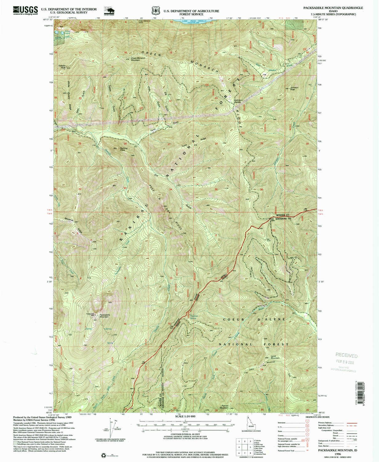 Packsaddle Mountain ID topo map, 1:24000 Scale, 7.5 X 7.5 Minute, Historical, 1996, Updated 1999, 26.8 x 22 in