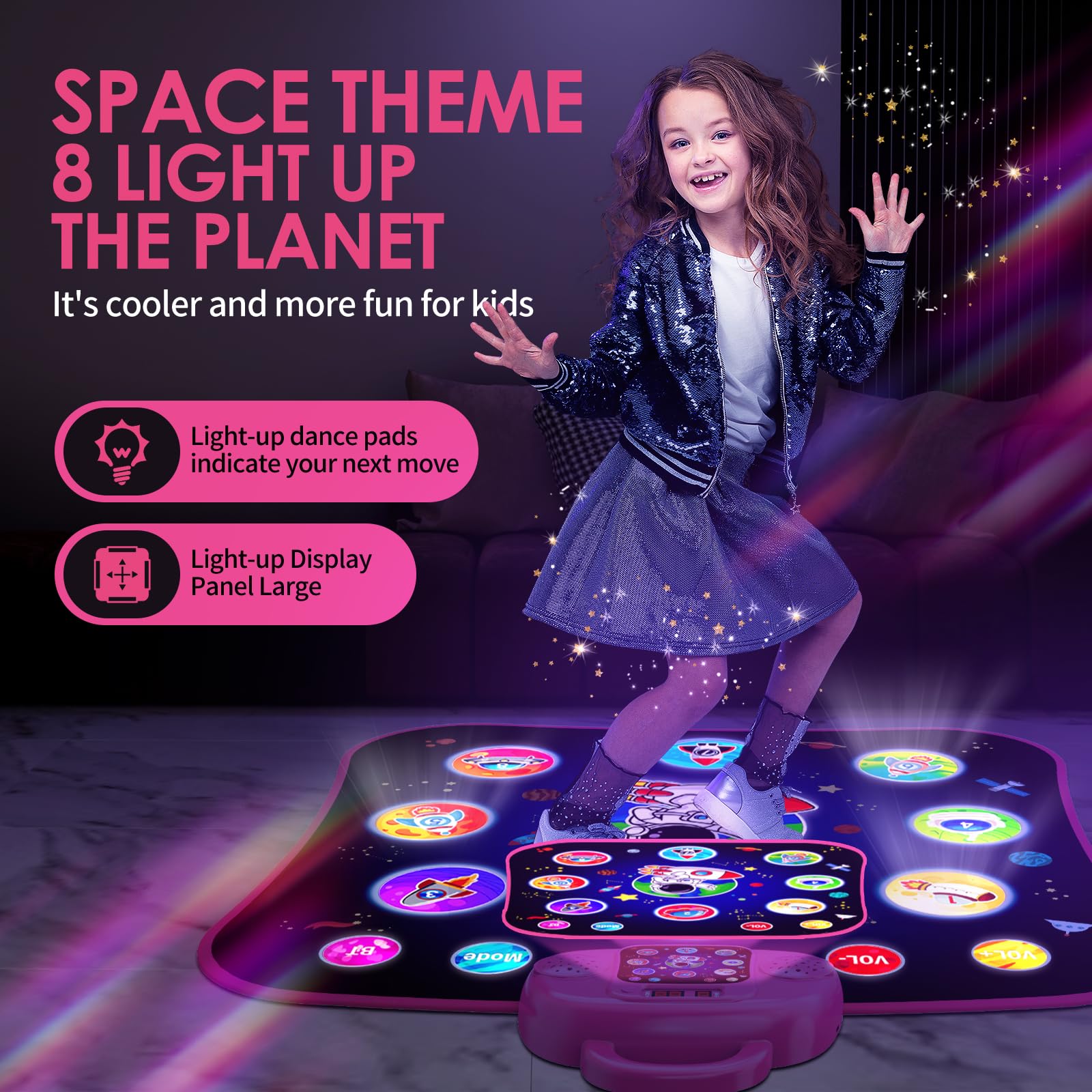 OMOZOMBB Gifts for 7 Year Old Girl Toys Age 6-8 Electronic Dance Pad with Light-up 8 Button Bluetooth Music Dance Mat with 5 Game Modes Birthday Toys Gifts for 3 4 5 6 7 8 9 10+ Year Old Girls Pink