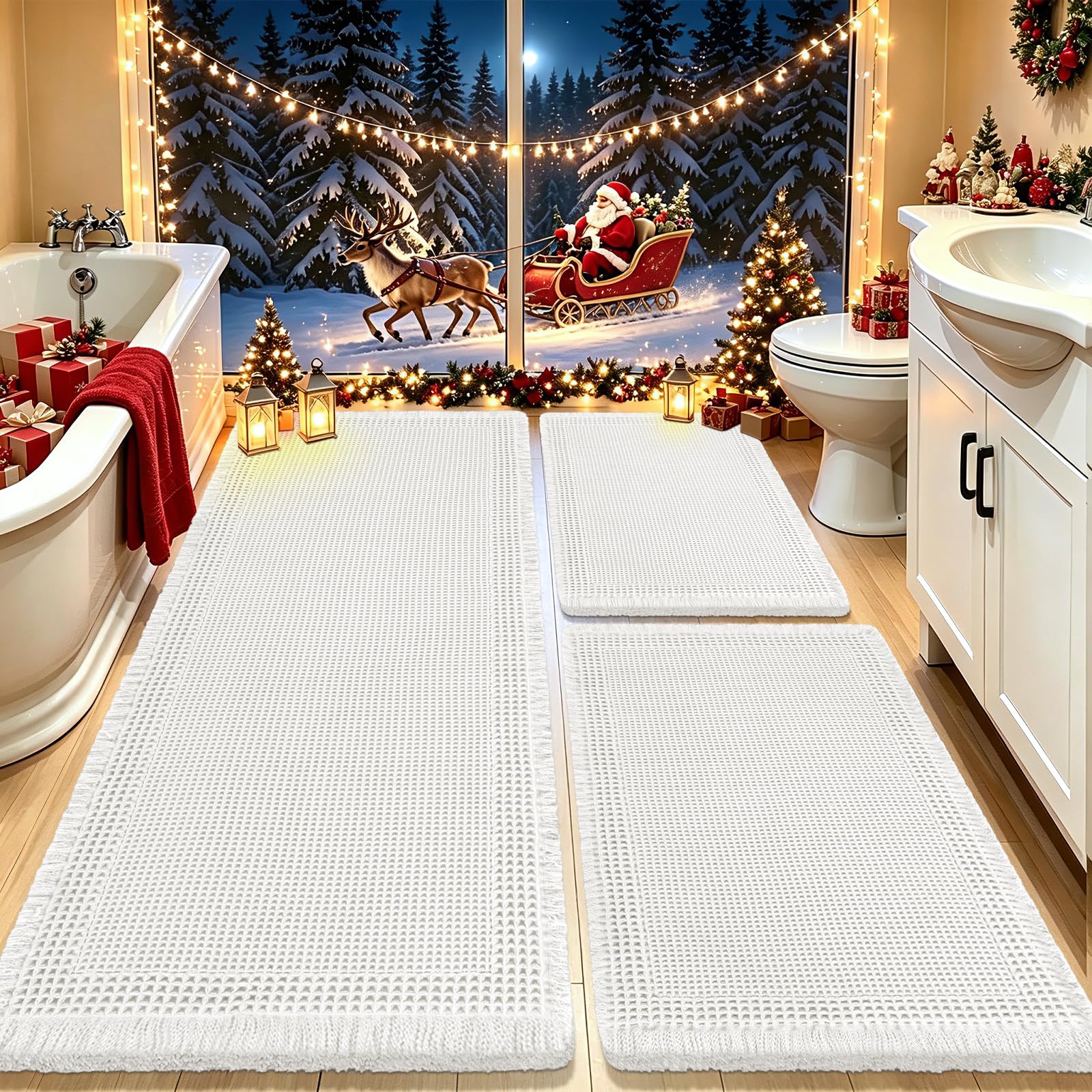 IM HOME Upgrade Waffle Bath Mat Set 3 Piece, Boho Bathroom Rugs Absorbent Non Slip, Soft Bathroom Mats, Machine Washable Knit Bath Rugs with Border for Bathroom, Bedroom, Kitchen, Shower, Tub, White