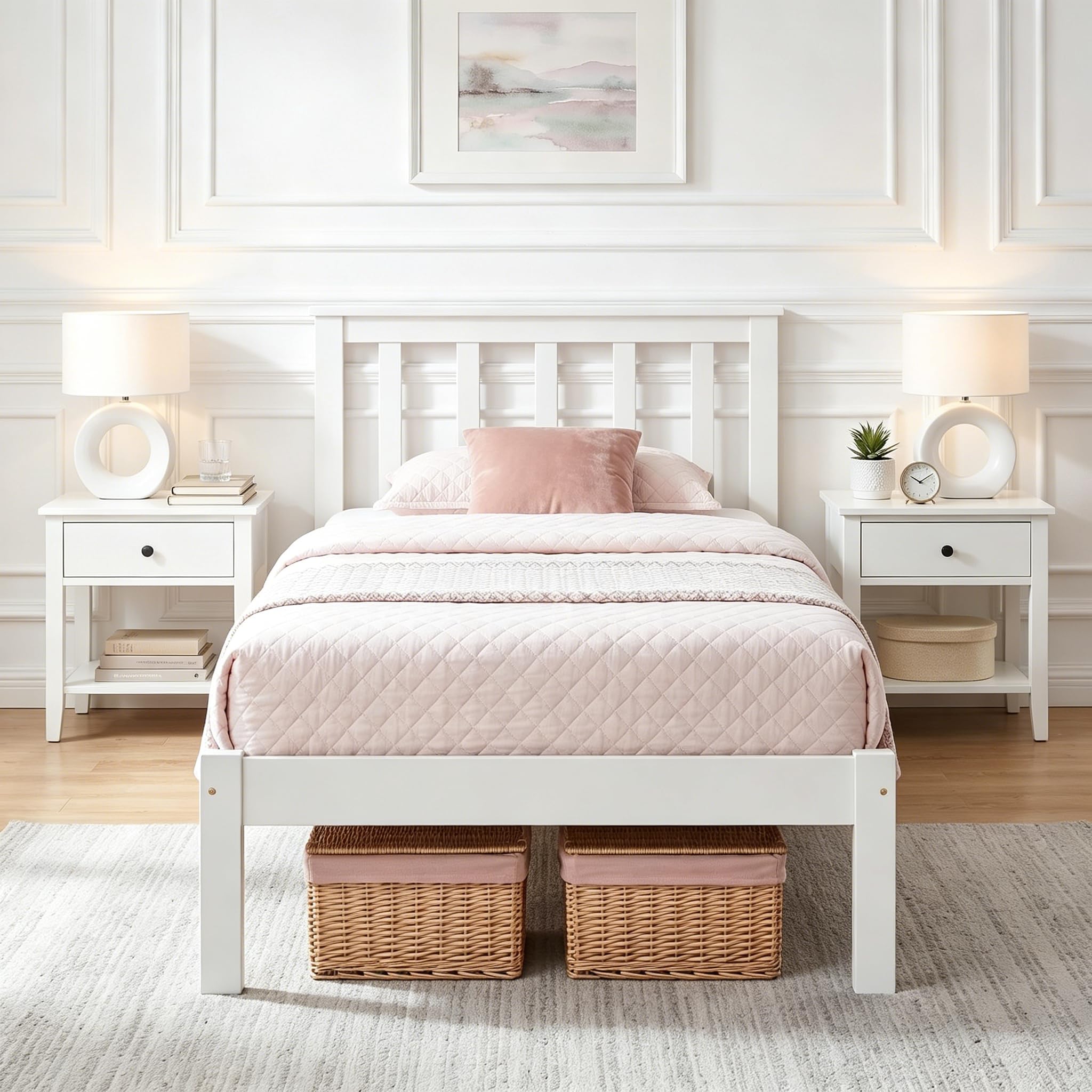 Panana Solid Pine Wood Single Bed Frame 3FT Wooden Bed for Adults, Kids, Teenager, White, 90 * 190cm