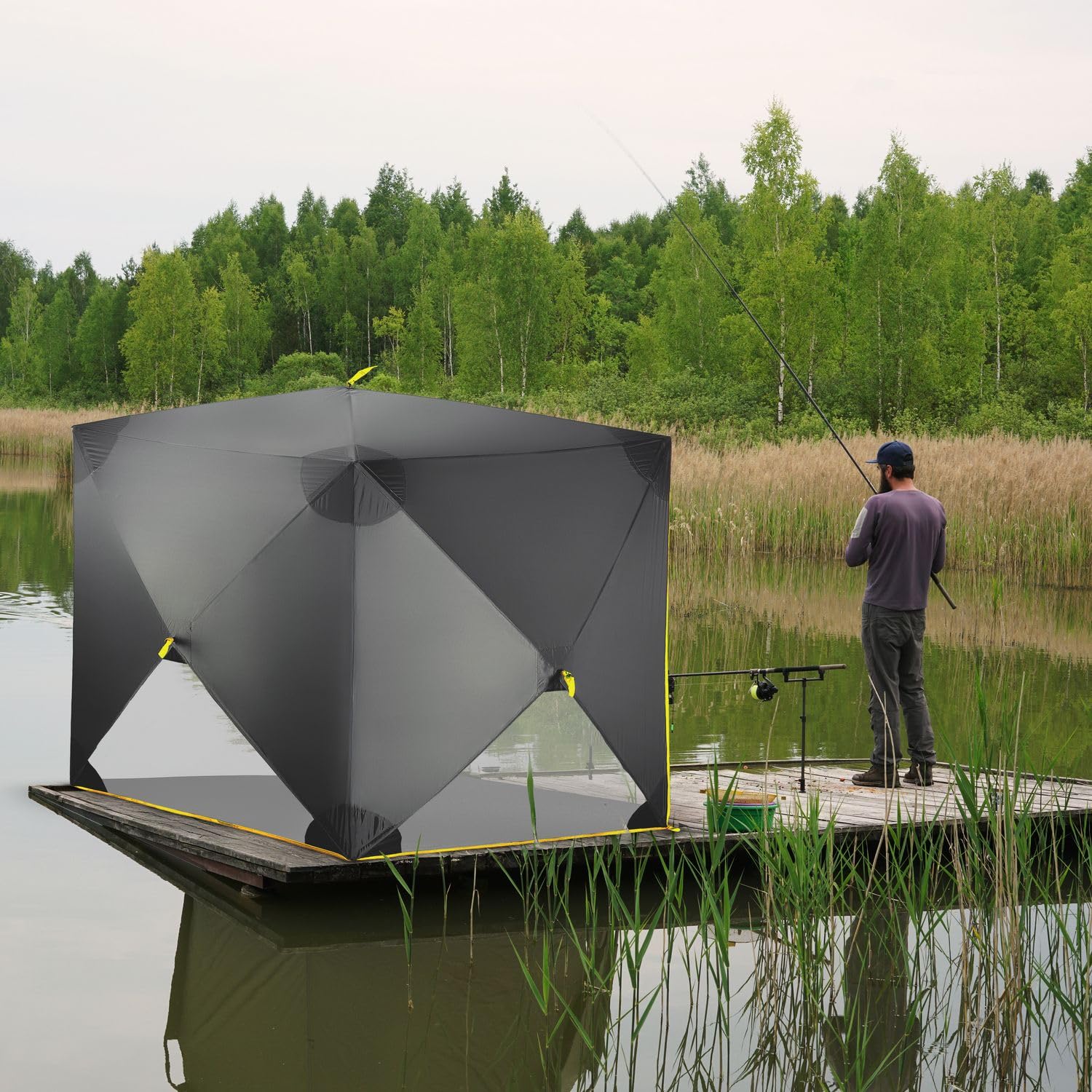 Angelzelt 210x210x160 cm Wasserdicht, Schnellaufbau Wurfzelt mit Quick-Set-System, UV30+ Sonnenschutz, 360° Belüftung, Leicht, Kompakt, Stabil, Camping & Angel Zubehör Shade Camp