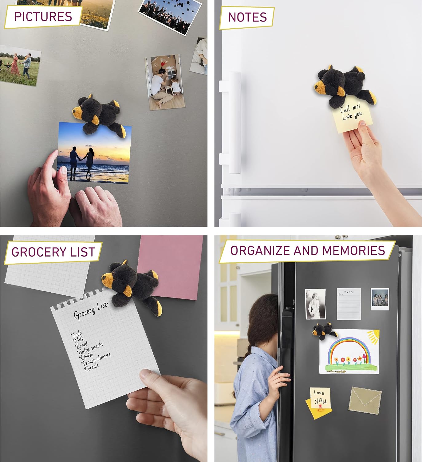 COTA Global Black Bear Plush Refrigerator Magnet - Fluffy Black Bear Stuffed Plush Magnet, Cute Wild Life Magnet for Kitchen Fridge & Locker, Home Decor & Office Decorative Novelty Accessory - 4 Inch