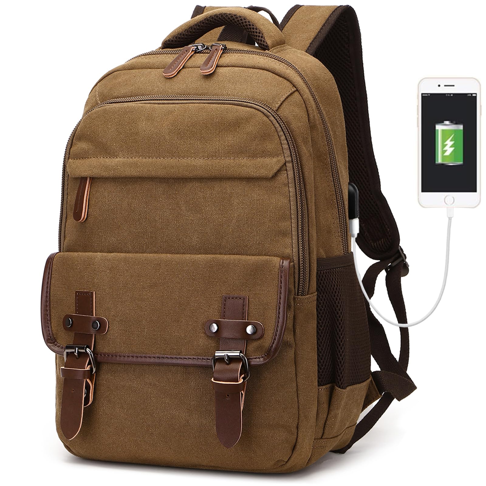 Canvas Laptop Backpack with USB Charging Port, Vintage Daypack for Men Women, Brown Travel Work Rucksack College Computer Bag Bookbag Fits 15.6 Inch