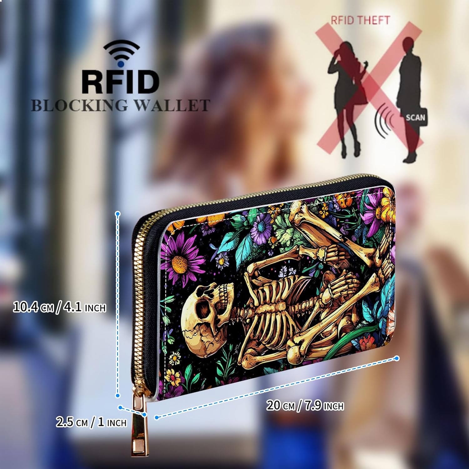 Womens Wallet, Large Capacity RFID Blocking PU Leather Wristlet Wallets for Women Ladies Men Credit Card Holder Zipper Wallet Phone Holder Clutch Travel Purse, Human Bone Flower