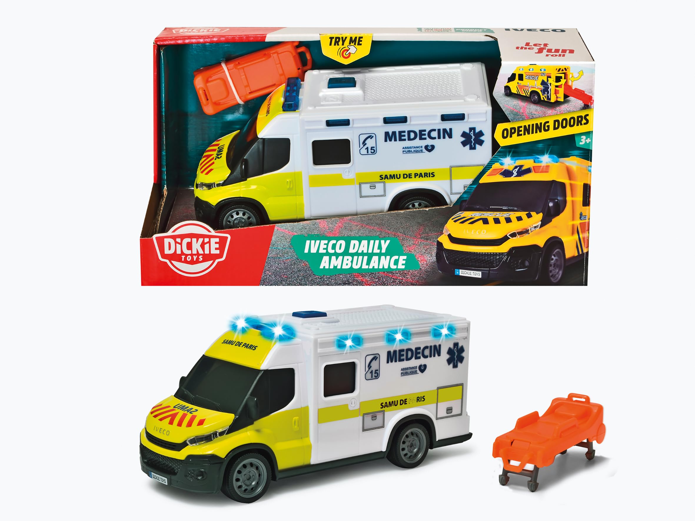 Dickie - Samu Karetka 18cm - Pojazd Skala 1/18 - Dźwięki i światła - Nosze w zestawie - Od 3 lat - 203713014002