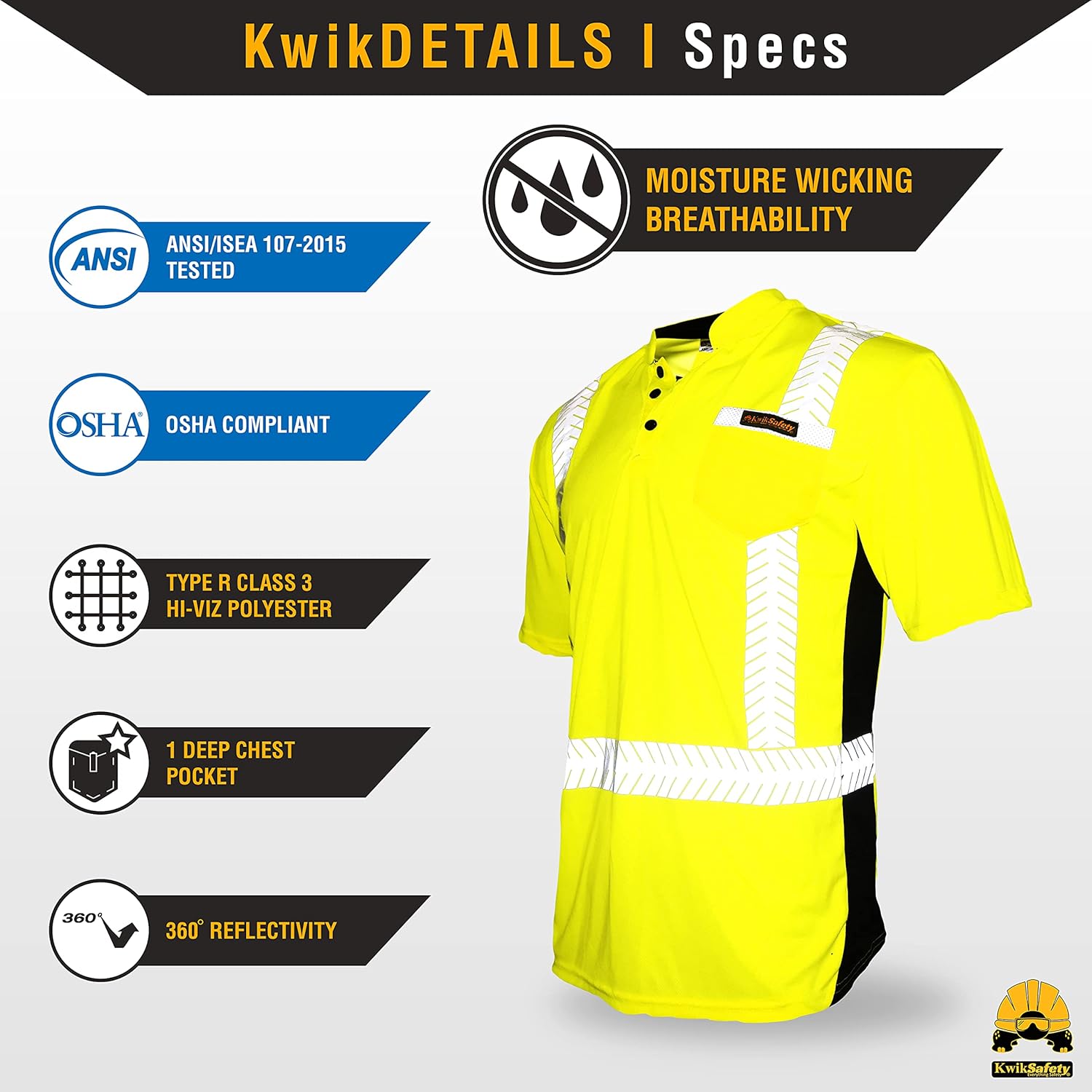 KwikSafety (Charlotte, NC) ESTIMATOR Short Sleeve (Y-Neck Button w/POCKET) Class 2 ANSI High Visibility Safety Shirt Tape Construction Security Hi Vis Clothing Men | Yellow Large : Tools & Home Improvement