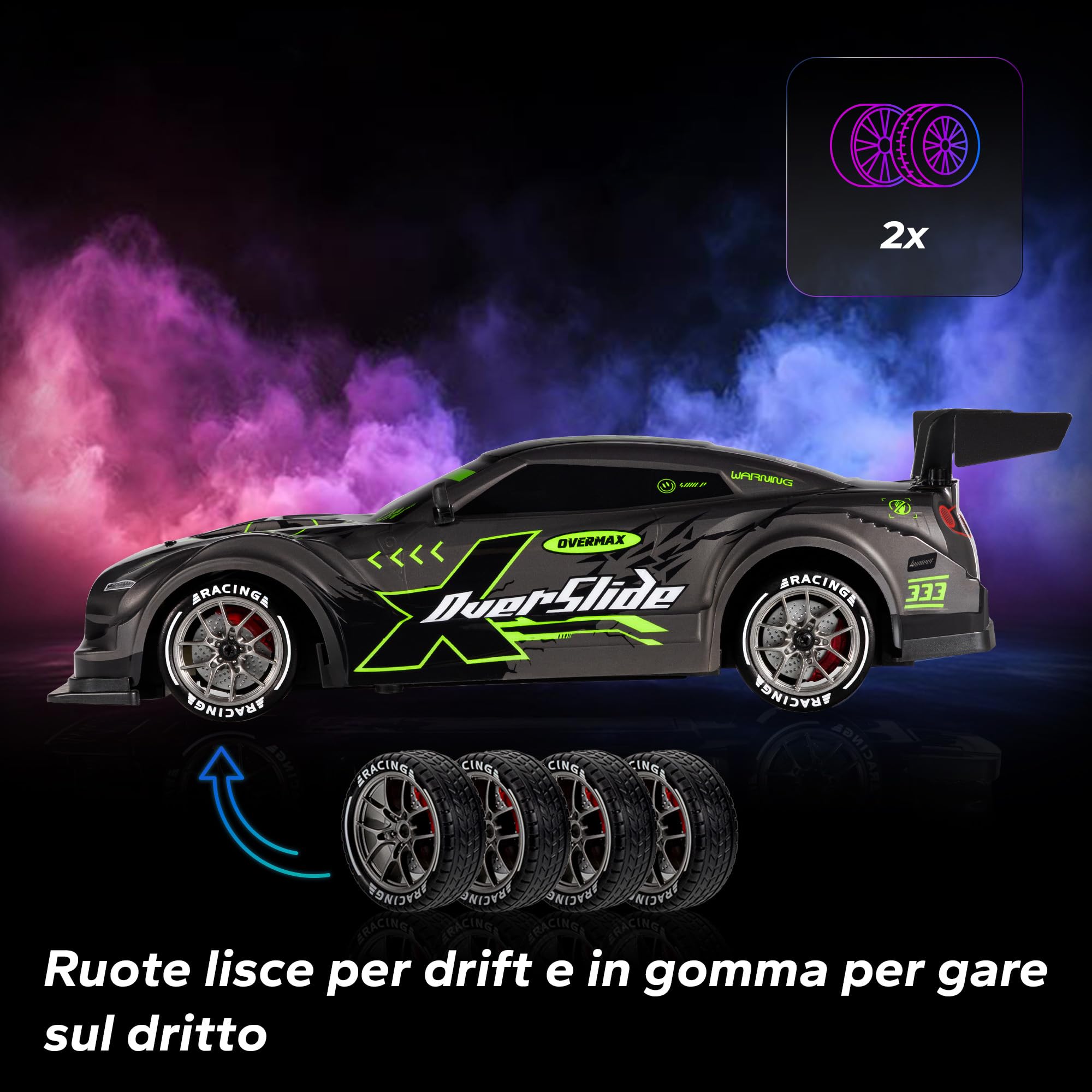 Overmax X-OVERSLIDE Macchina Radiocomandata RC per Drift, Macchina Telecomandata per Bambini 8+, 1:16, 20 km/h Portata fino a 80 m, 4WD, 2 Batterie 500 mAh Set di Ruote e Ostacoli Scocca Accessoria