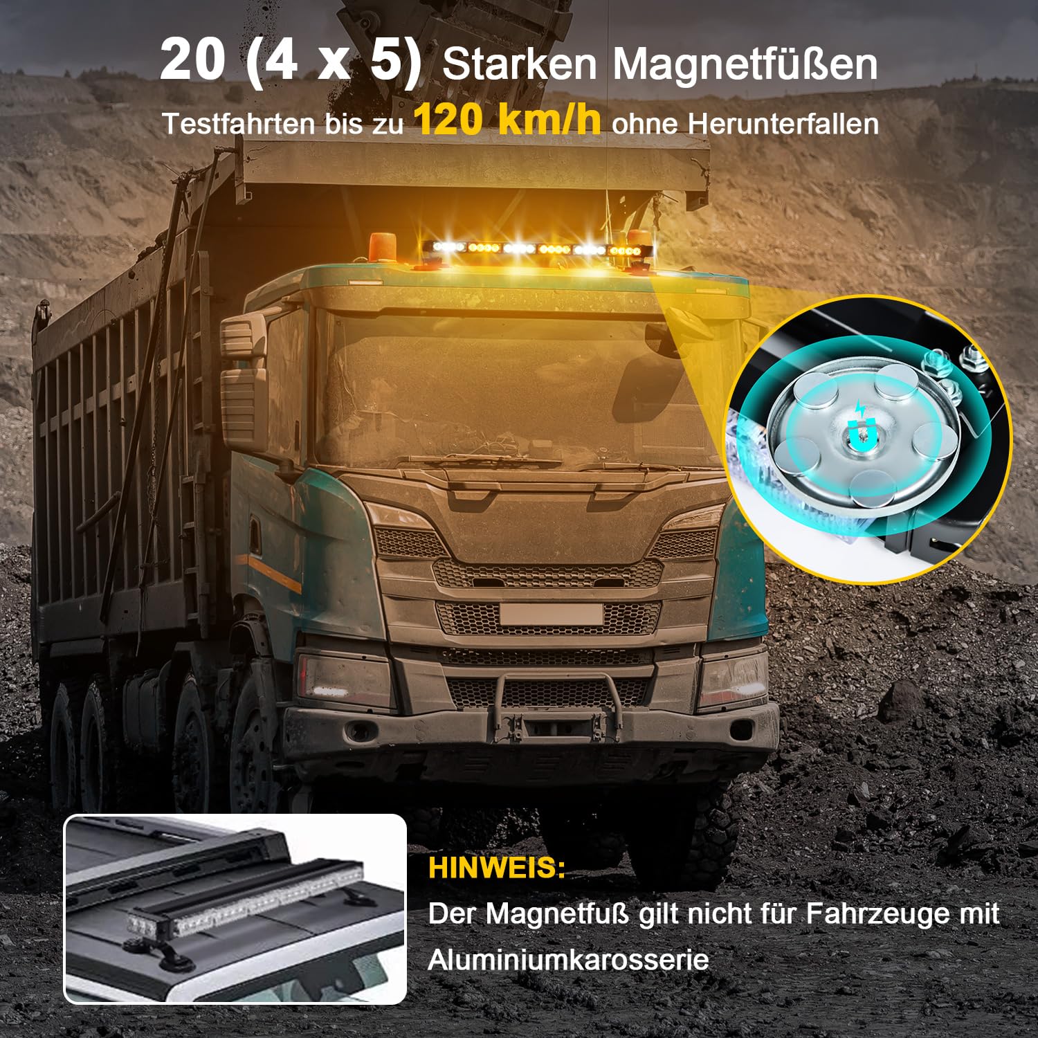 71 cm migająca LED, 12 V-24 V LED żółta i biała dioda ostrzegawcza, migające światła z 20 solidnymi magnesami magnetycznymi do ciągnika z wózkiem widłowym, pojazdy budowlane